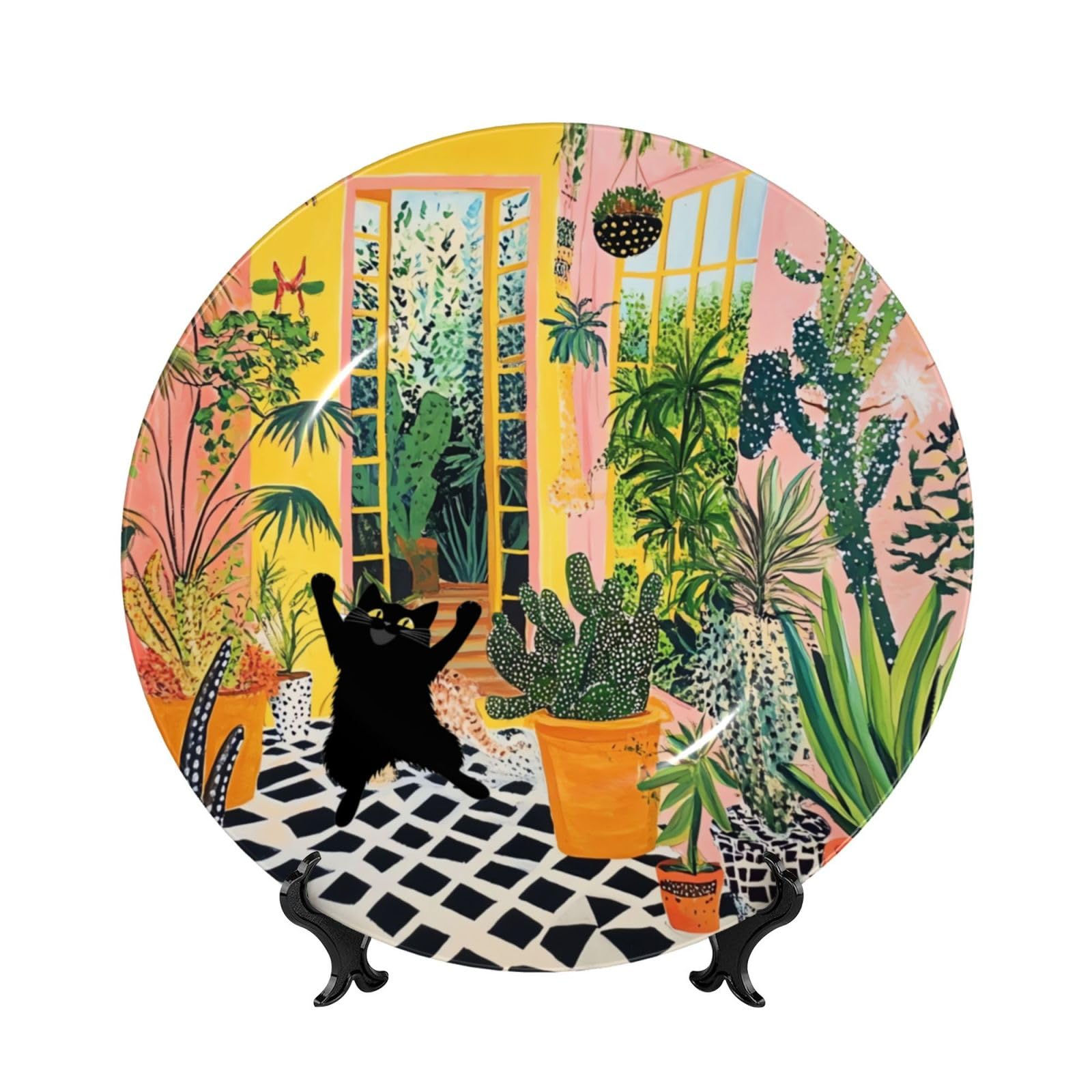 YZILDP Cats Painting Ceramic Plate with Display Stand,8 in,Farmhouse Decorative Plates Cacti Garden Cat Wall Hanging Ceramic Craft for Kitchen Dining Room Home Decor