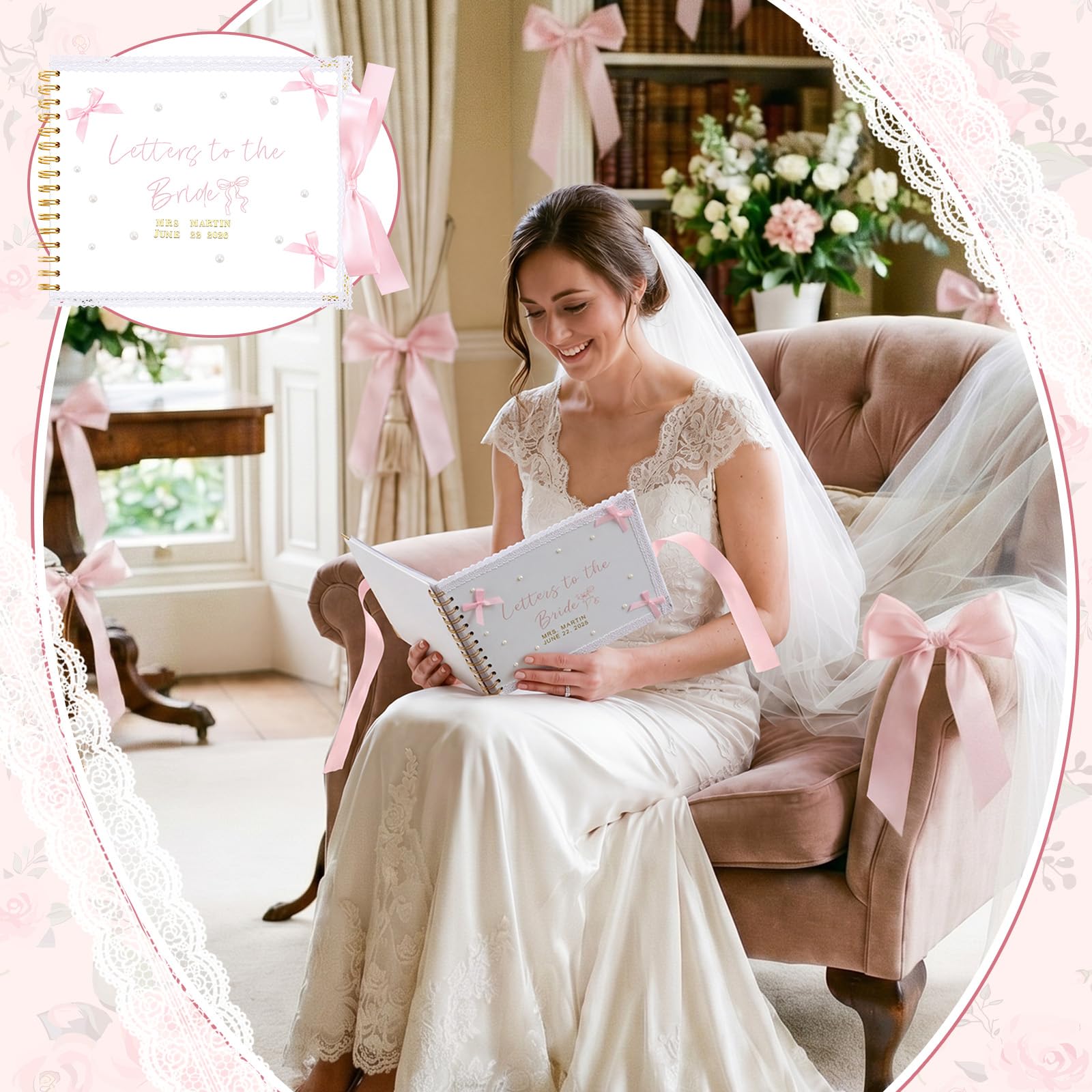 Humyoun Libro de invitados de boda con letras a la novia, álbum de recuerdos de boda, álbum de recortes, álbum de fotos, letrero de invitados con calcomanías de perlas (8.5 x 7 pulgadas, lazo, rosa)