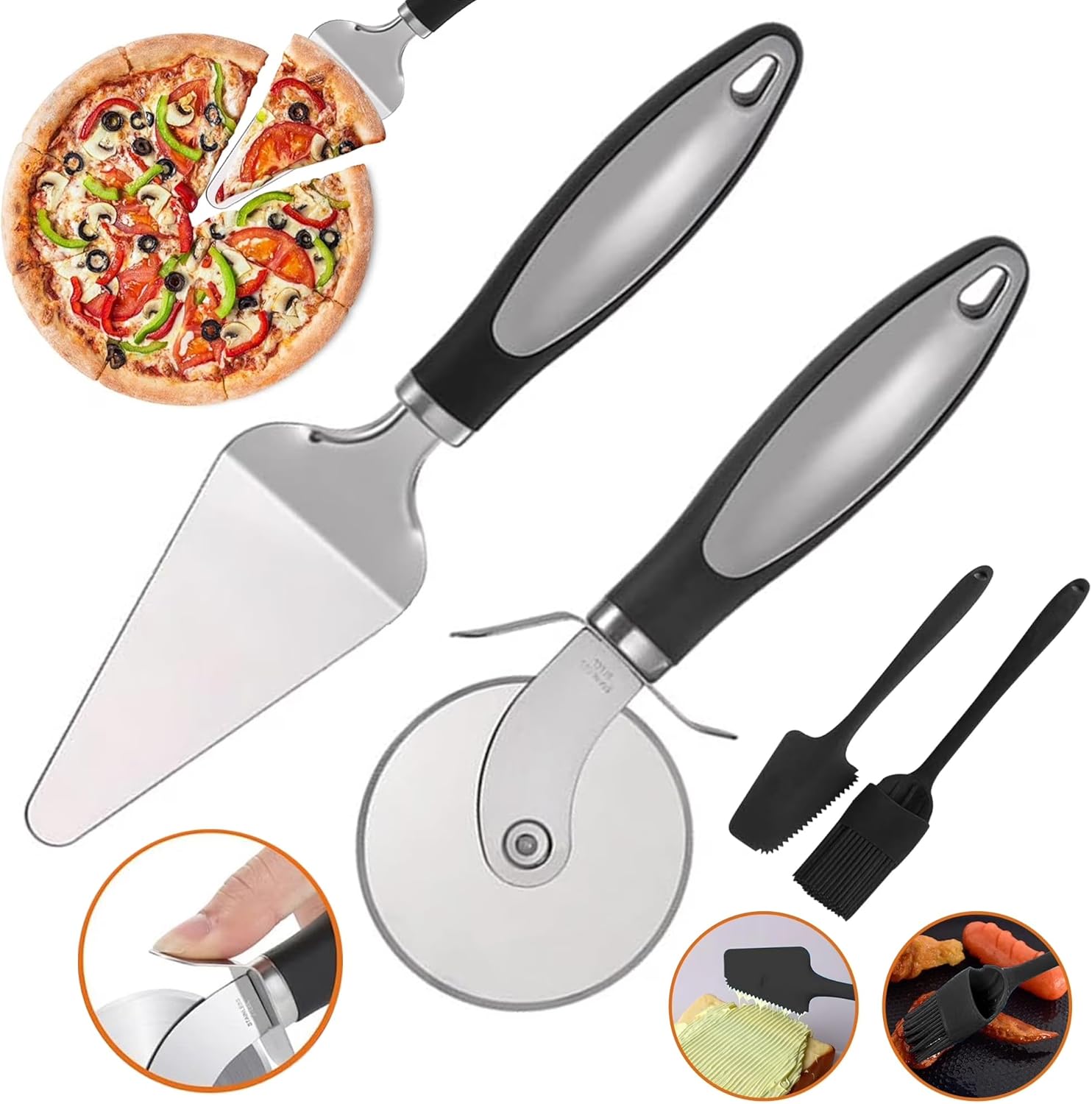 2 Pcs Stainless Steel Pizza Cutter Wheel, Pastry Dough Cutter w/Pizza Peel Paddle, Pizza Roller & 2 Silicone Basting Brushes - Sharp, Easy to Clean, Dishwasher Safe