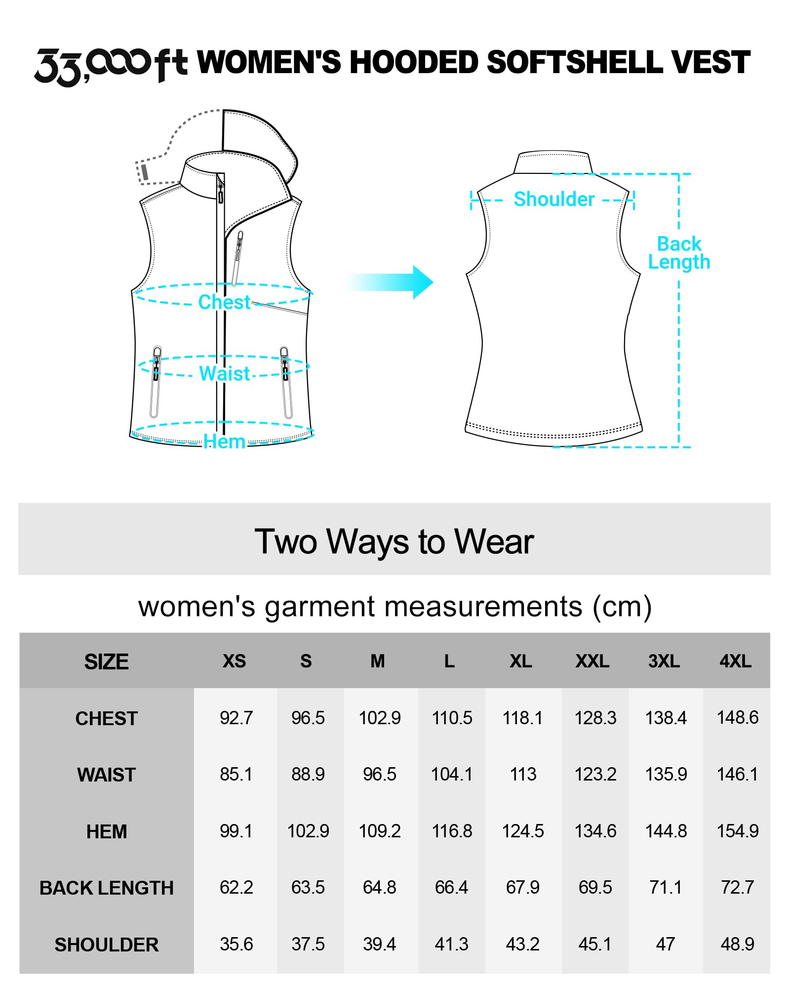 33,000ft Gilet leggero softshell da donna con cappuccio, giacca senza maniche, impermeabile, antivento, in pile, con tasche con zip