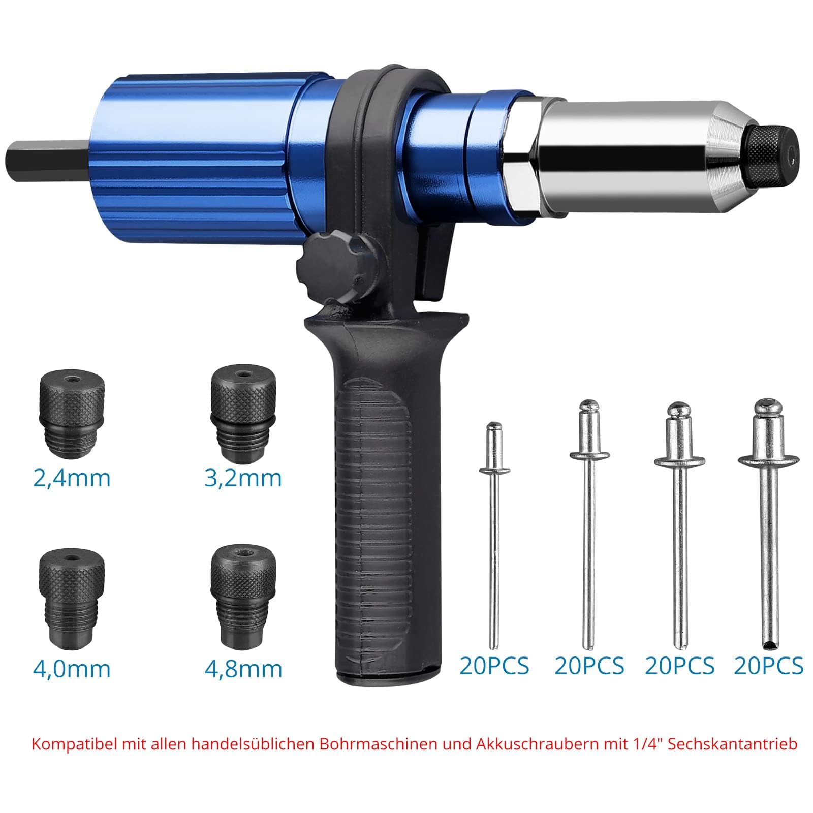 AUTOUTLET Adaptateur de Pistolet à Riveter sans Fil avec Clé pour Le Stockage des Buses avec Poignée 1 Étui Transparent en PVC 80 PCS Rivets 20 par Taille 2,4 3,2 4,0 4,8 mm