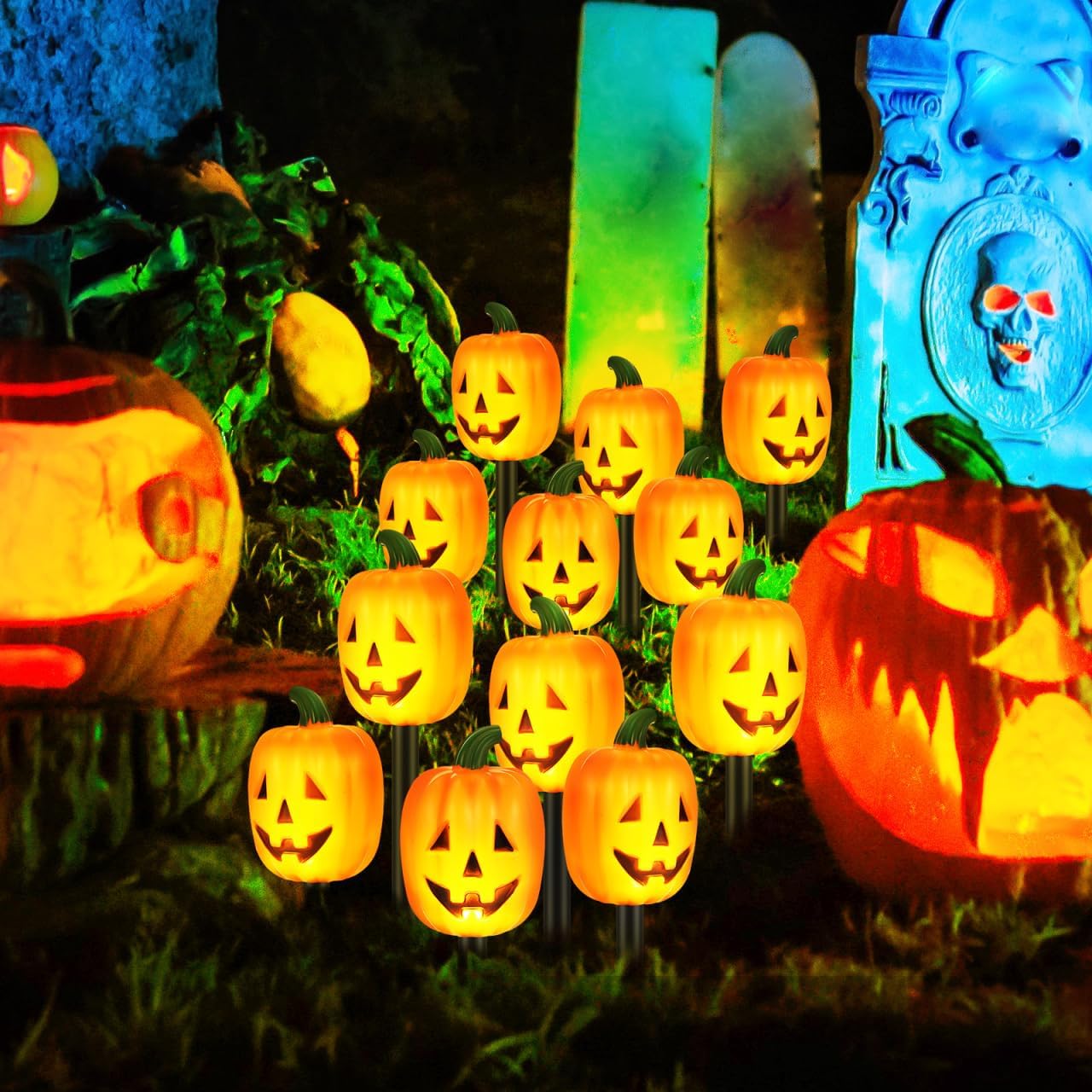 BESPORTBLE 1 Set Halloween Pumpkin Pathway Lights: with Battery Box Jack O Lantern Stake String Lights for Halloween Decorations Outdoor, Garden Stakes Yard Décor, No Batteries