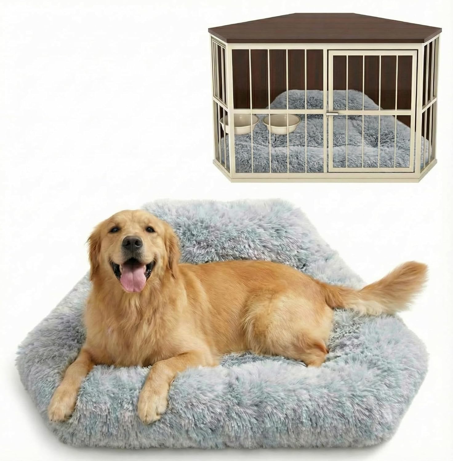 LemonRoad 42.5 Inch Corner Dog Crate Bed Pad Washable Dog Kennel Pad Mat Furniture for Large Dogs Thick Plush Crate Pet Cage Sleeping Bed Pet Corner Side Table (Only Mat)