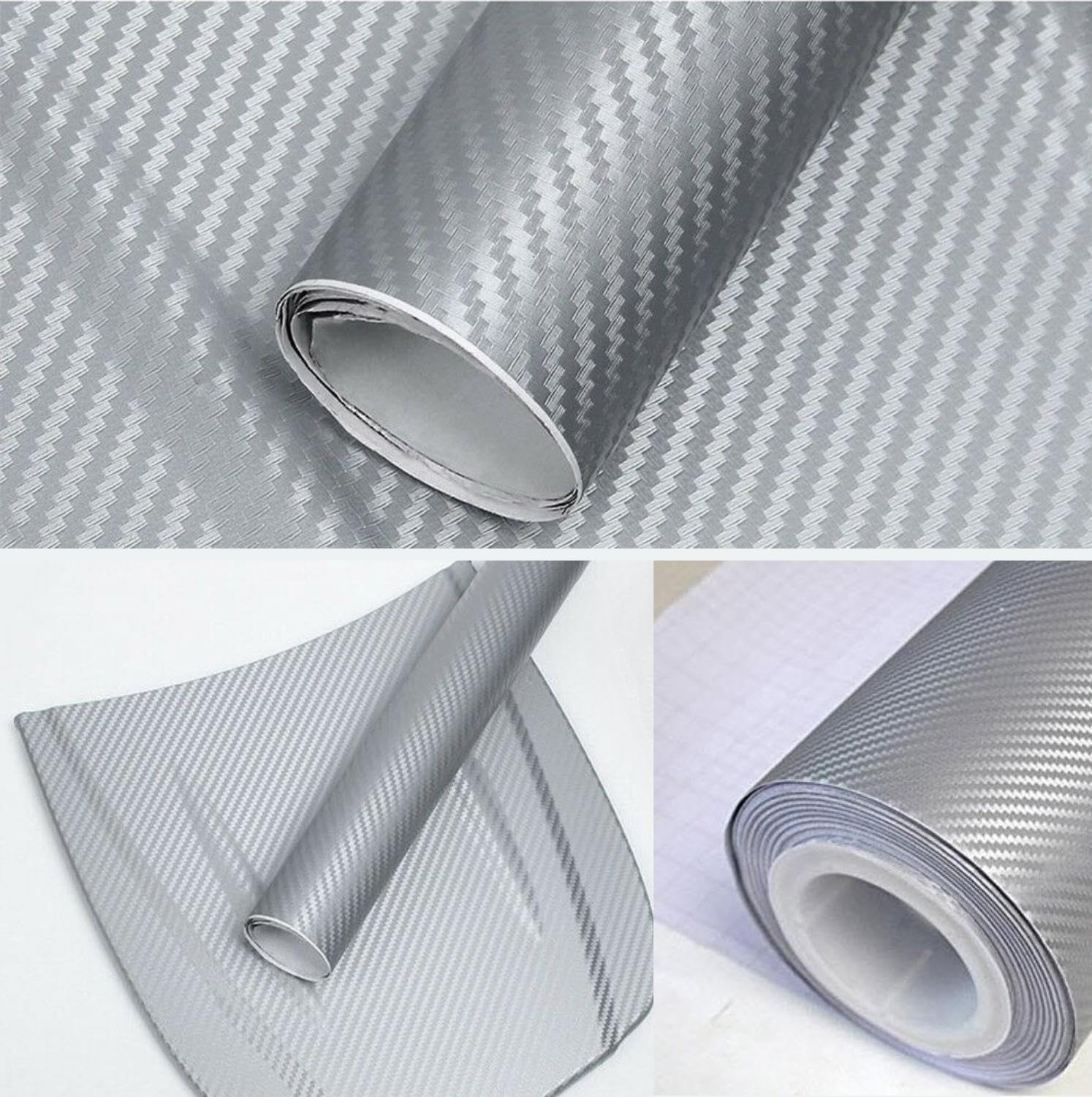 CVANU 12x72 Inch 3D Silver Carbon Fiber Vinyl Car Wrap Sheet Roll Film Sticker Decal