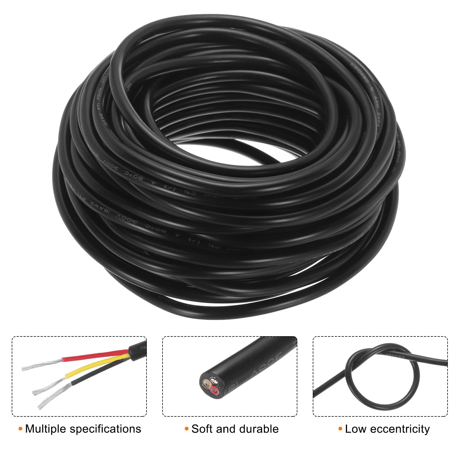 QUARKZMAN Cable de Extensión de Alambre Rojo Negro Amarillo de 3 Pines Cable Eléctrico de Alambre Paralelo de 18 Awg Cobre Libre de Oxígeno Longitud de 49 Pies para Tira de Luces Led