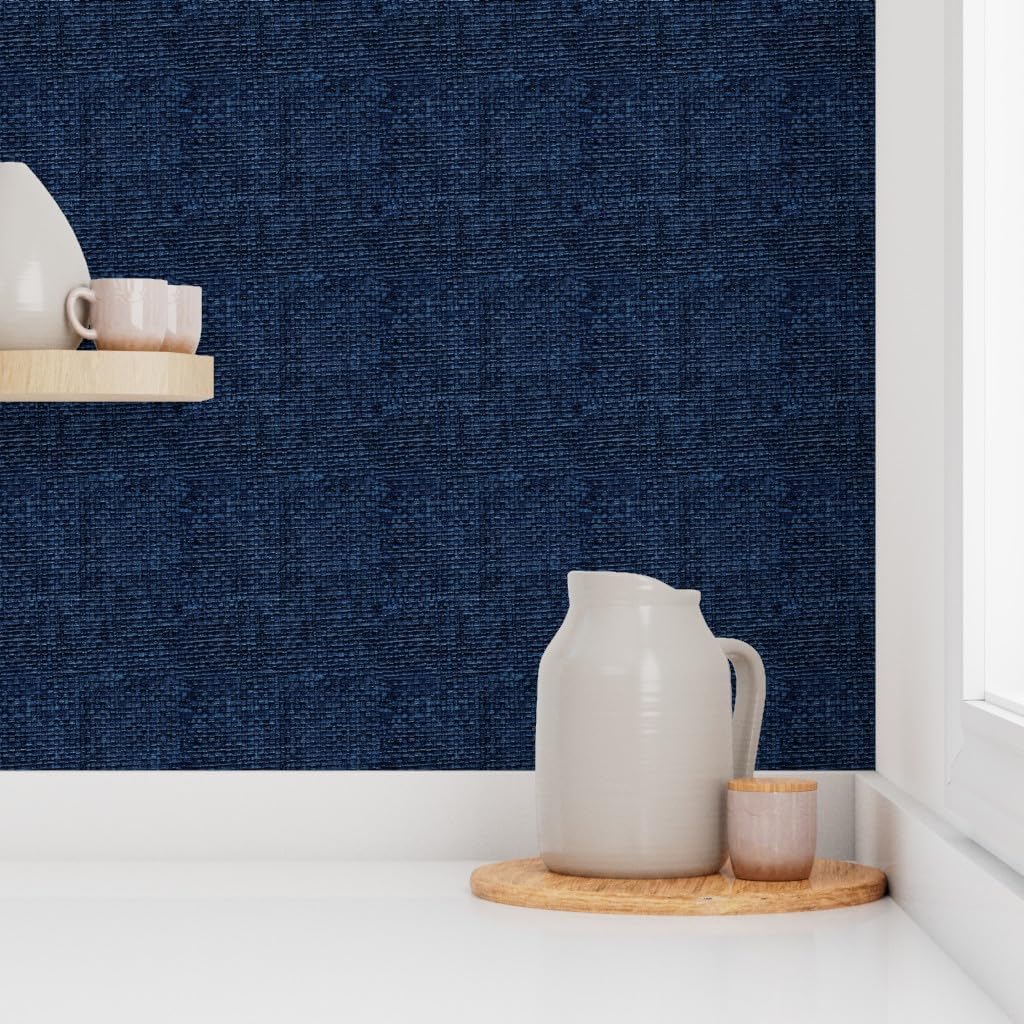 Peel & Stick Wallpaper 3ft x 2ft - Solid Navy Dark Blue Indigo Faux Woven Textured Look Custom Removable Wallpaper by Spoonflower