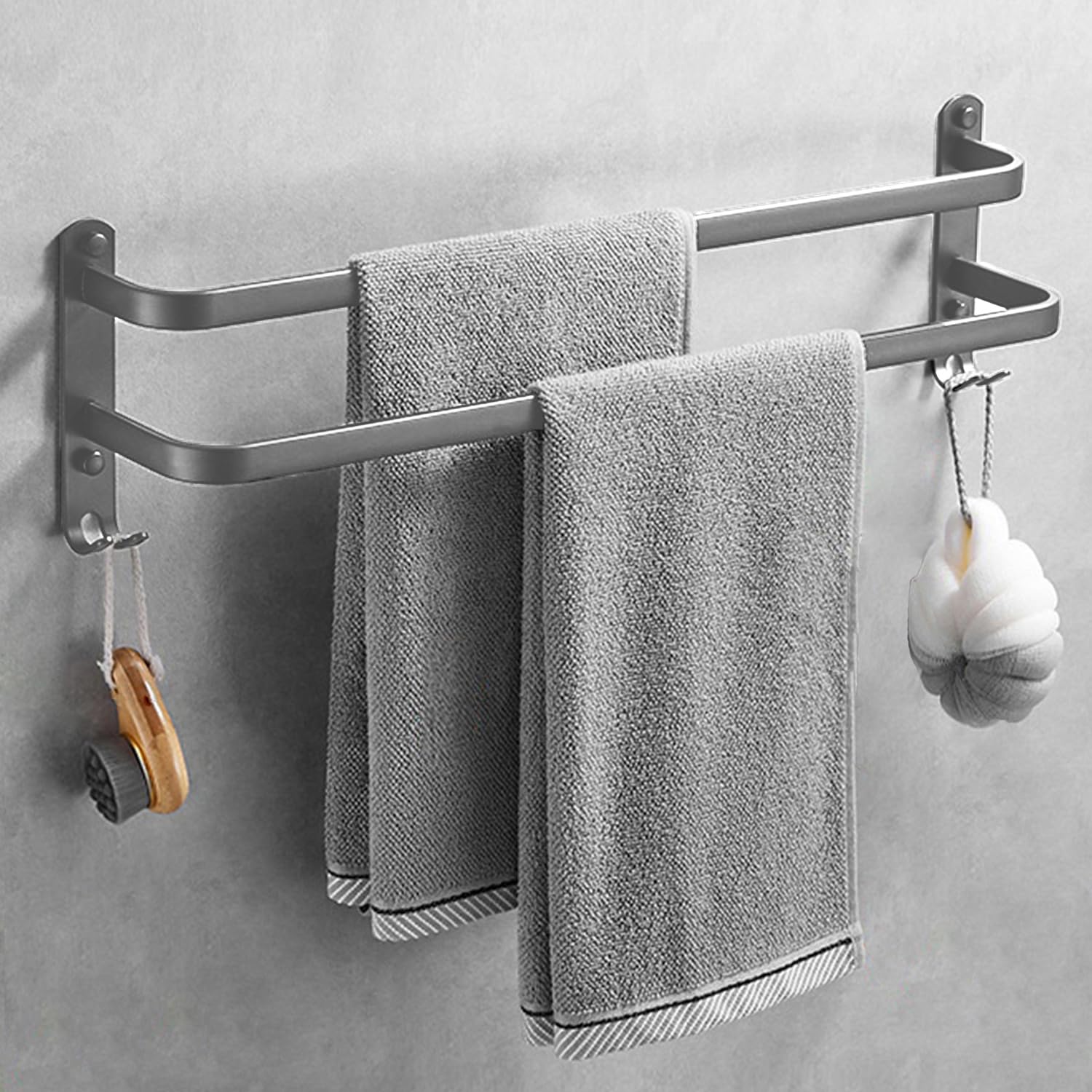 Towel Rail No Drill 60cm Grey Towel Rack Wall Mounted No Drilling Towel Bar Bathroom Accessories Double for Bathroom Kitchen