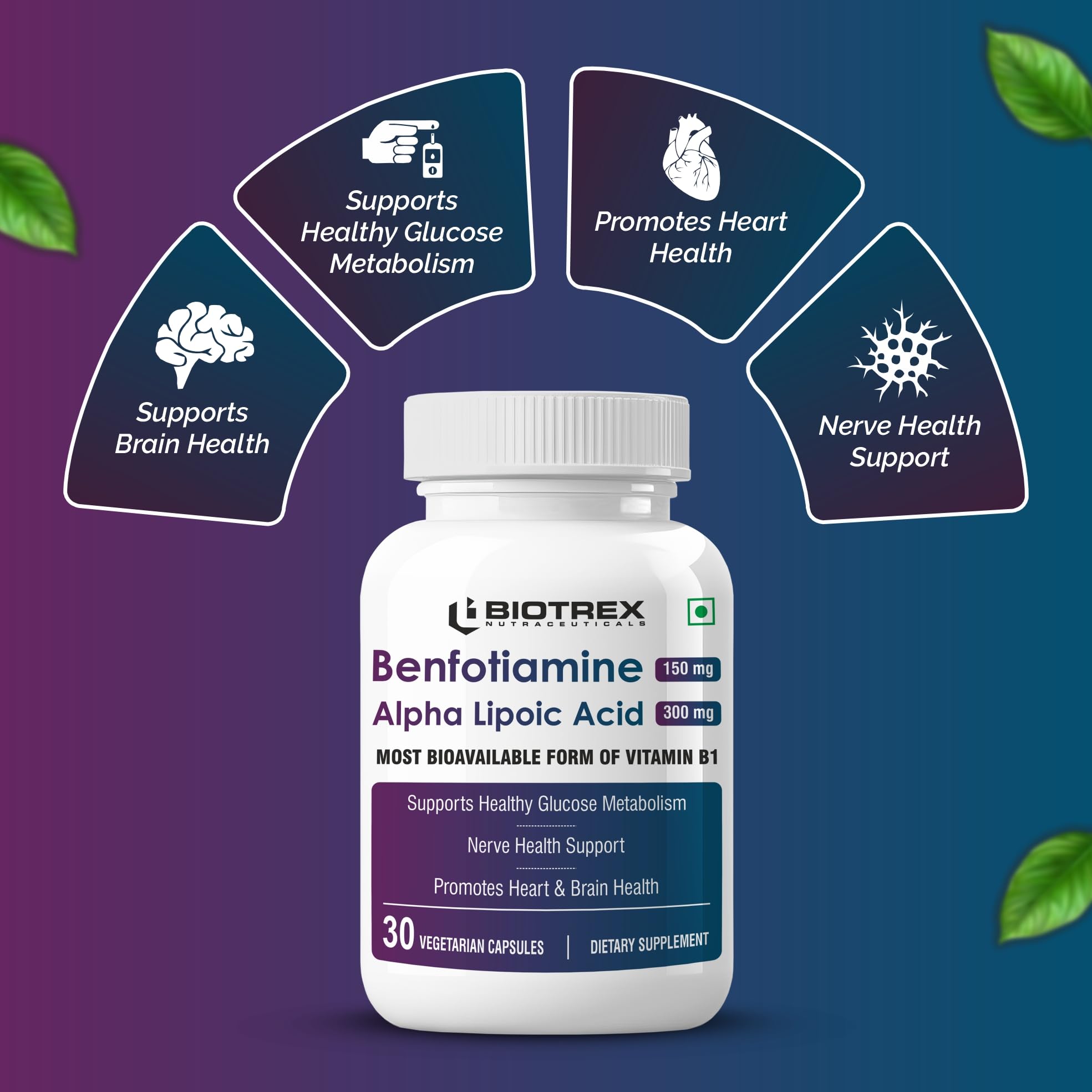 Biotrex Nutraceuticals Benfotiamine 150mg, Alpha Lipoic Acid 300mg With Leucine | Glucose Balance & Metabolic Response | Brain, Heart & Nerve Health | Most Bioavailable Vitamin B1-30 Veg Capsules — Amazon image 3