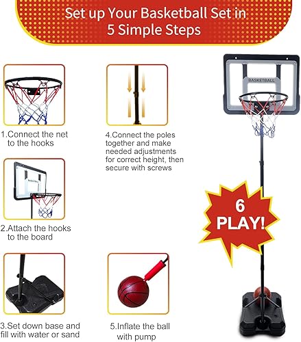 Miniatura 8 de Aro de baloncesto para niños para jugar en interiores y exteriores, altura ajustable de 2.9 a 6.2 pies, aro de baloncesto para niños, juguetes