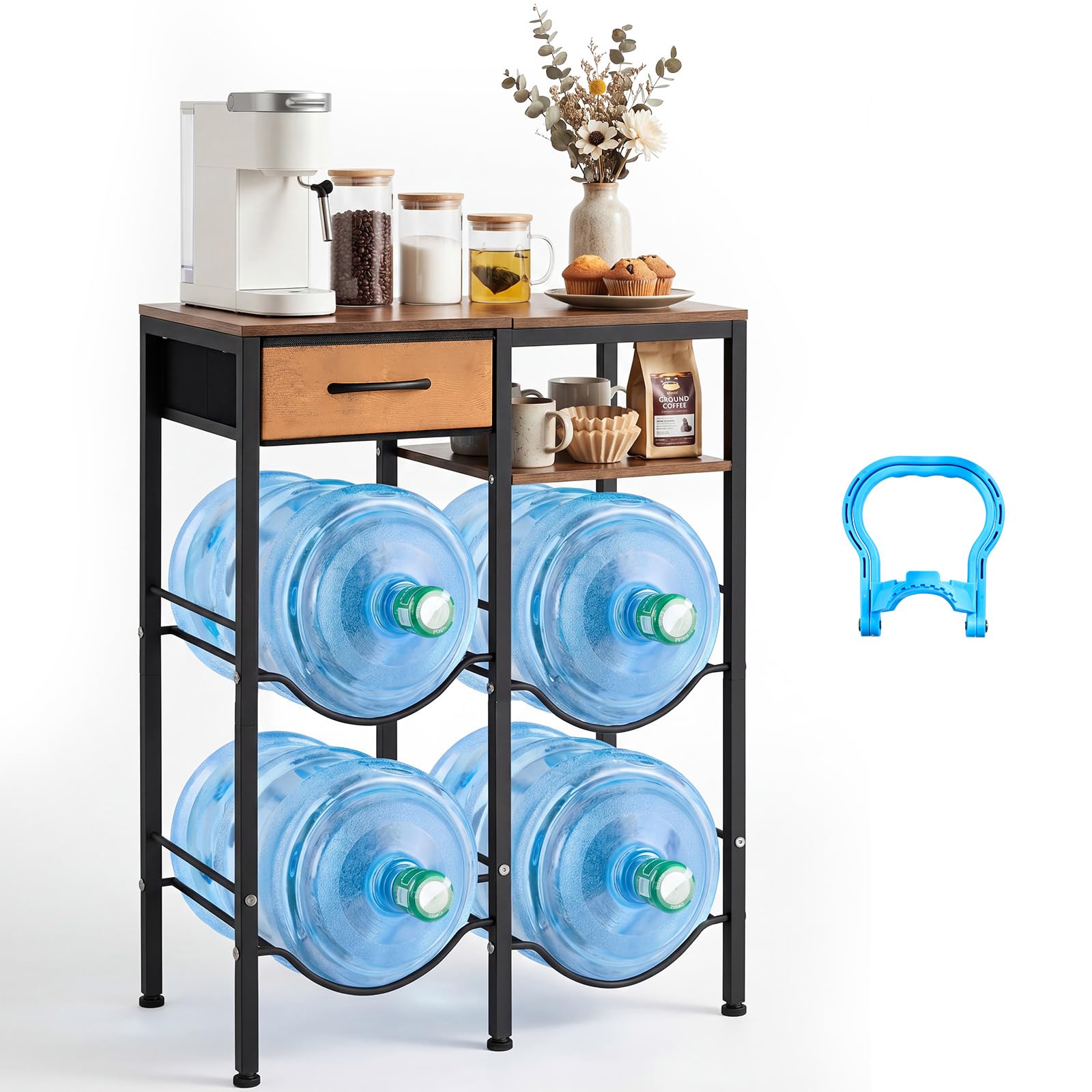 VEVOR Estante para Garrafas de Agua, Soporte para Botellas Grandes de Agua, Estantería para 4 Botellones con Estante de Exhibición y Cajón, Organizador de Almacenamiento para Oficina Comedor Salón