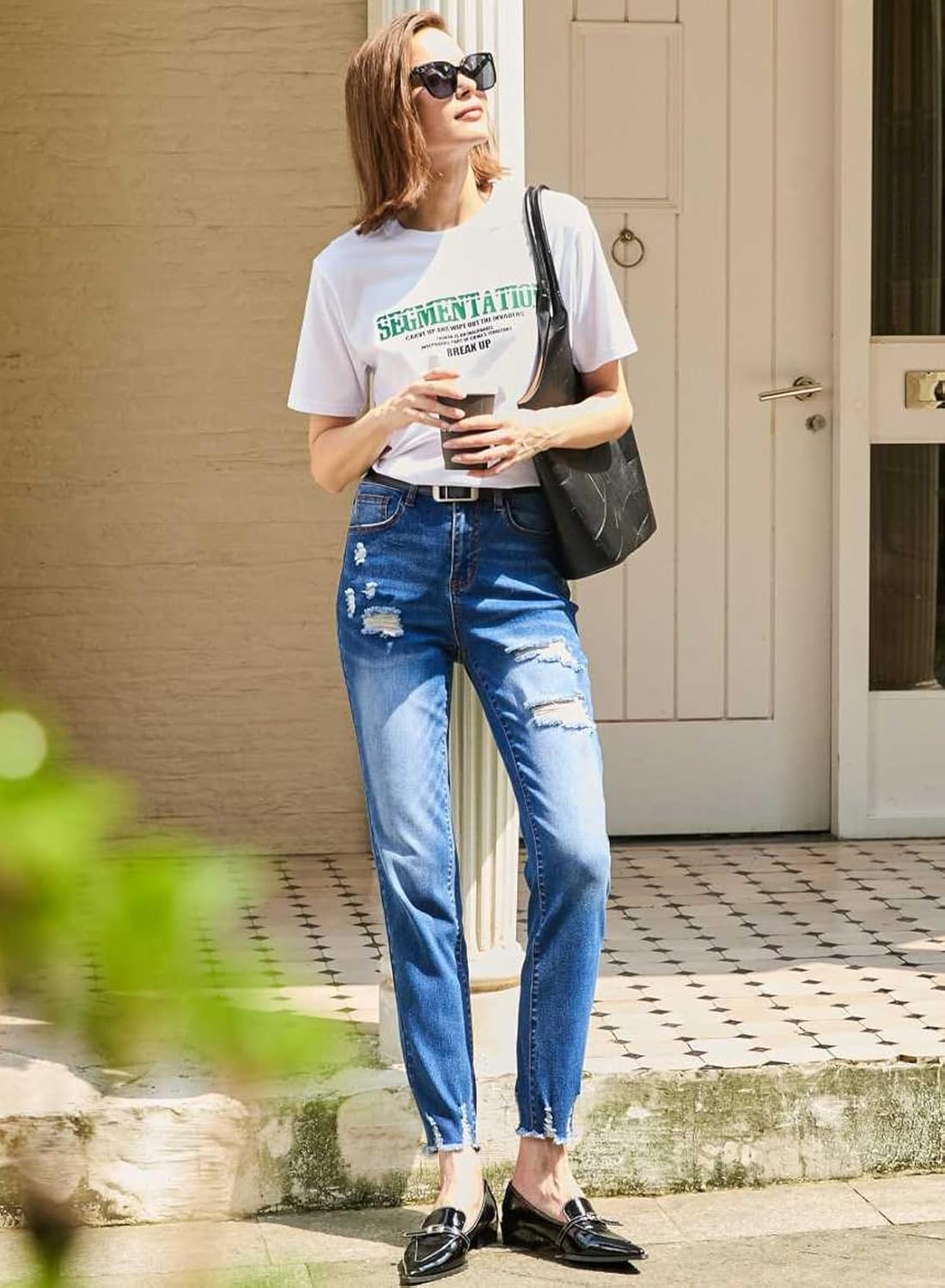 EVALESS Women's High Waisted Tummy Control Straight Ankle Ripped Jeans - Image 5