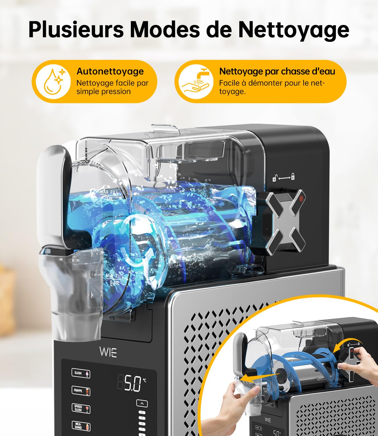 WIE Slush Machine 2.6L Sans Glace Machine à Granité mit 6 Programmes Autonettoyage Slush Maker pour Maison, Fabricant de Slush pour Margarita, Cocktail, Milkshake, Frappé