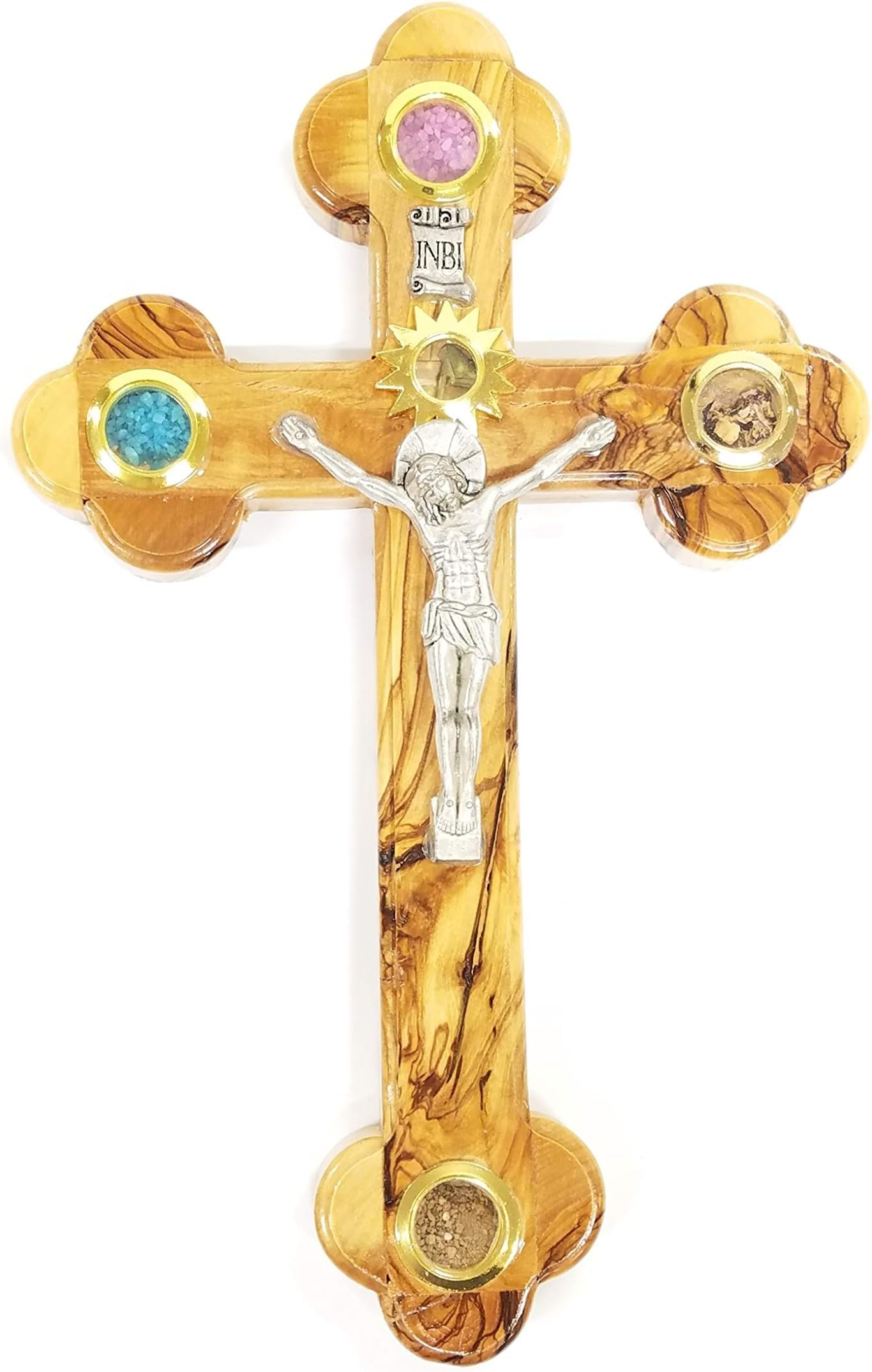 Olive Wood Crucifix/Wall Cross Adorned with Olive Leaves, Frankincense, Flowers and Stones from Jerusalem Hand Crafted by Artisans in Bethlehem (The Heart of The holy Land)