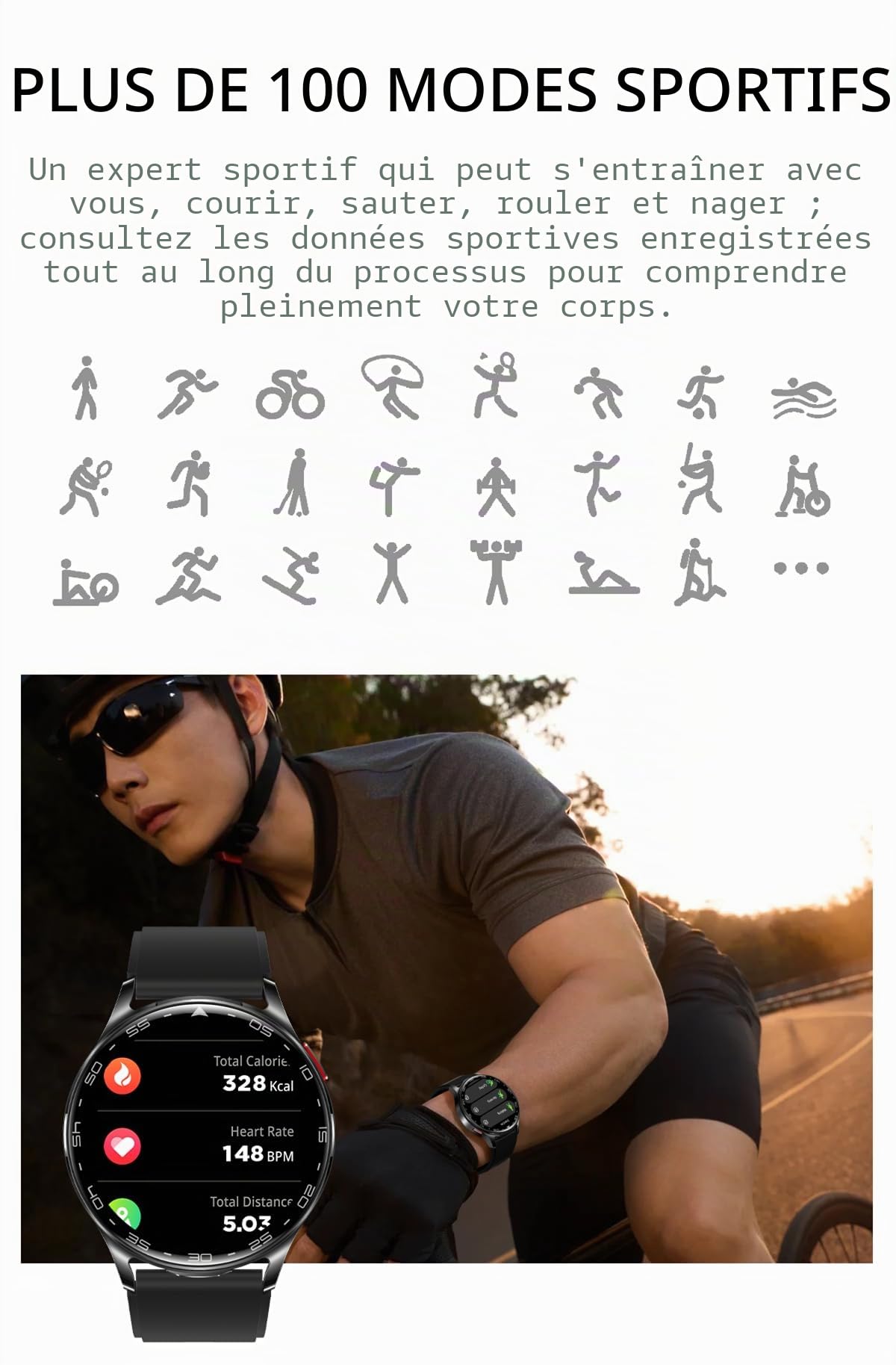 AIEK Montre connectée avec écouteurs pour homme et femme, écran rond de 1,39 pouces, tracker de fitness avec écouteurs Bluetooth, moniteur de fréquence cardiaque et moniteur de sommeil, pour Android