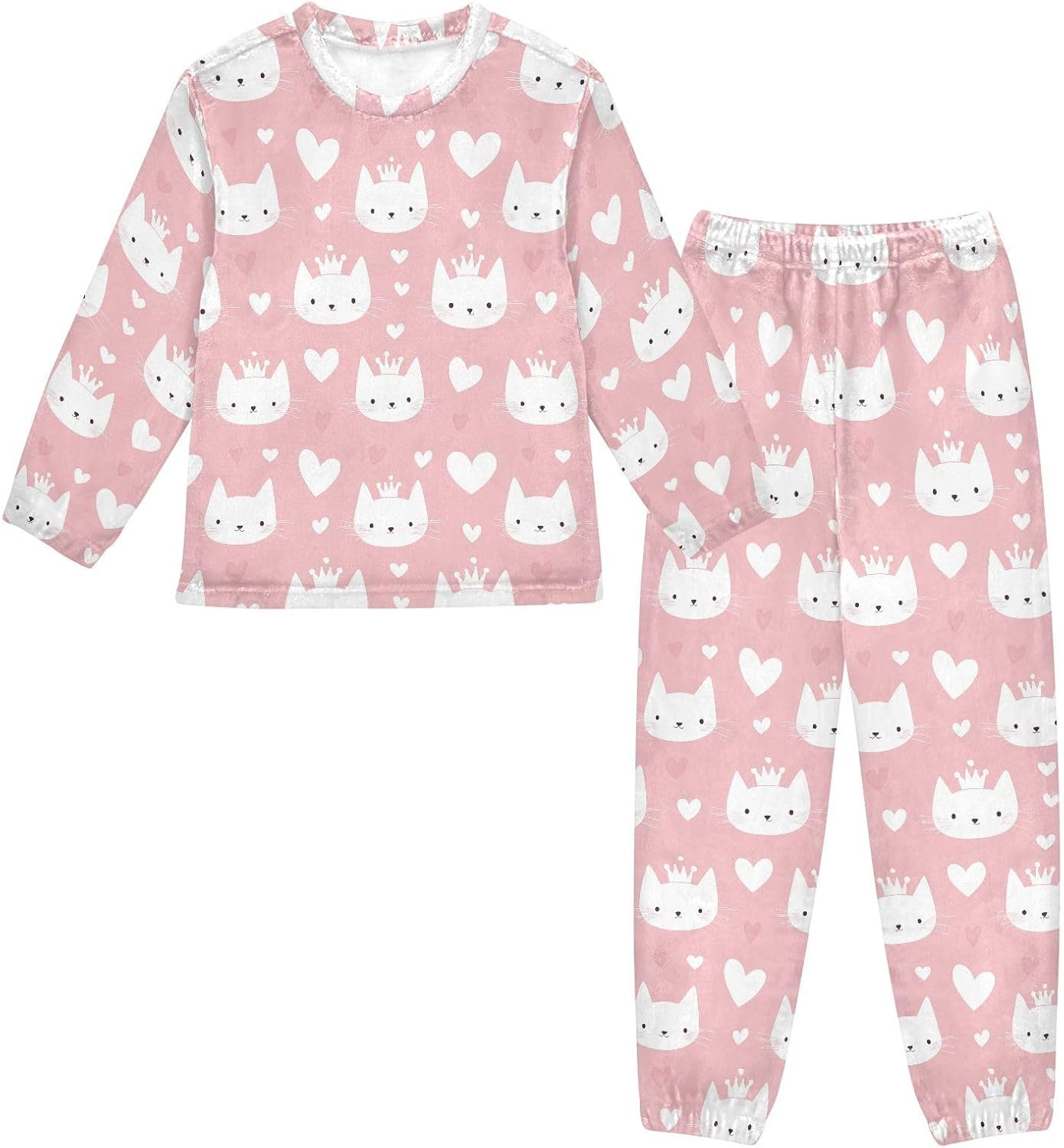 Pink Crown Cat Plush Pajama Sets Soft Flannel Fleece Sleepwear