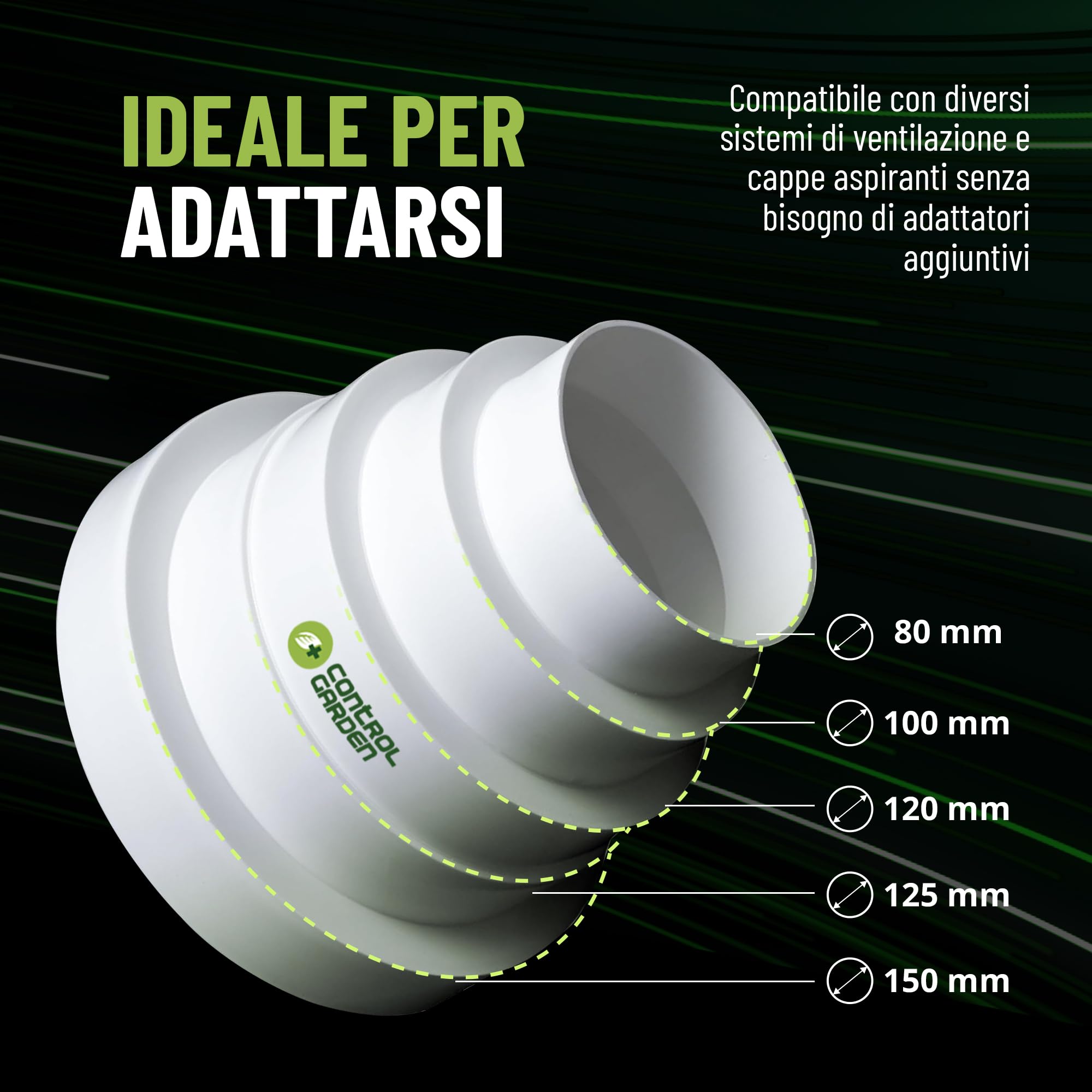 CONTROL GARDEN Riduttore Universale per Sistemi di Ventilazione - Raccordo Connettore per Condotti di Ventilazione Diametro Ø 80 100 120 125 150 mm - Riduttore Tubo Bianco