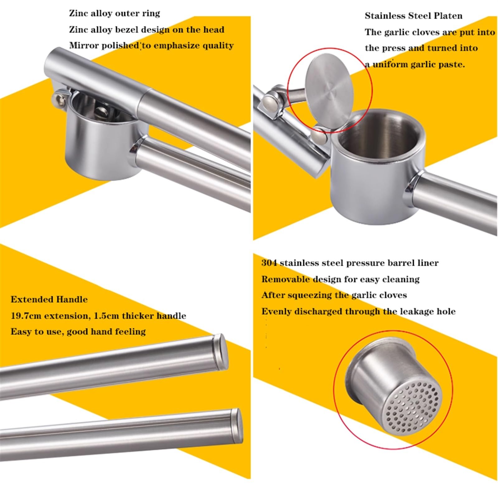 Prensa para ajos, Pelador de ajos, trituradora fácil apretar, manual portátil, apto for lavavajillas, herramienta cocina inoxidable(19.7cm)