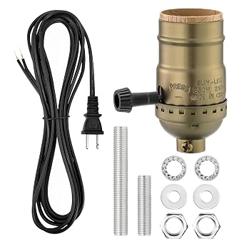 Lamp Rewire Kit, 10 Foot Matching Cord, 2 Way Socket and Essential Hardware, Table and Floor Lamps Socket Replacement, Rewire and Repair, DIY Light Making Kit Antique Brass