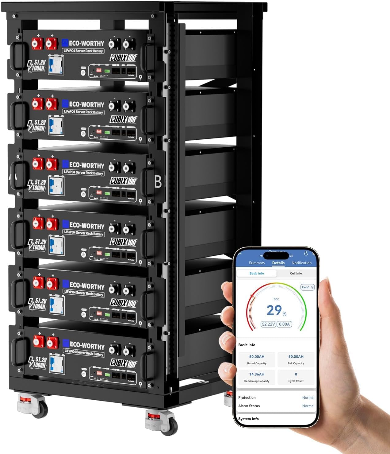 ECO-WORTHY LiFePO4 48 V 100 Ah Bluetooth z 100 A BMS, 30,72 kWh 3U obudowa serwerowa bateria z obsługą CAN&RS485 do instalacji solarnych, kompletny zestaw, system fotowoltaiczny, IEC 62619