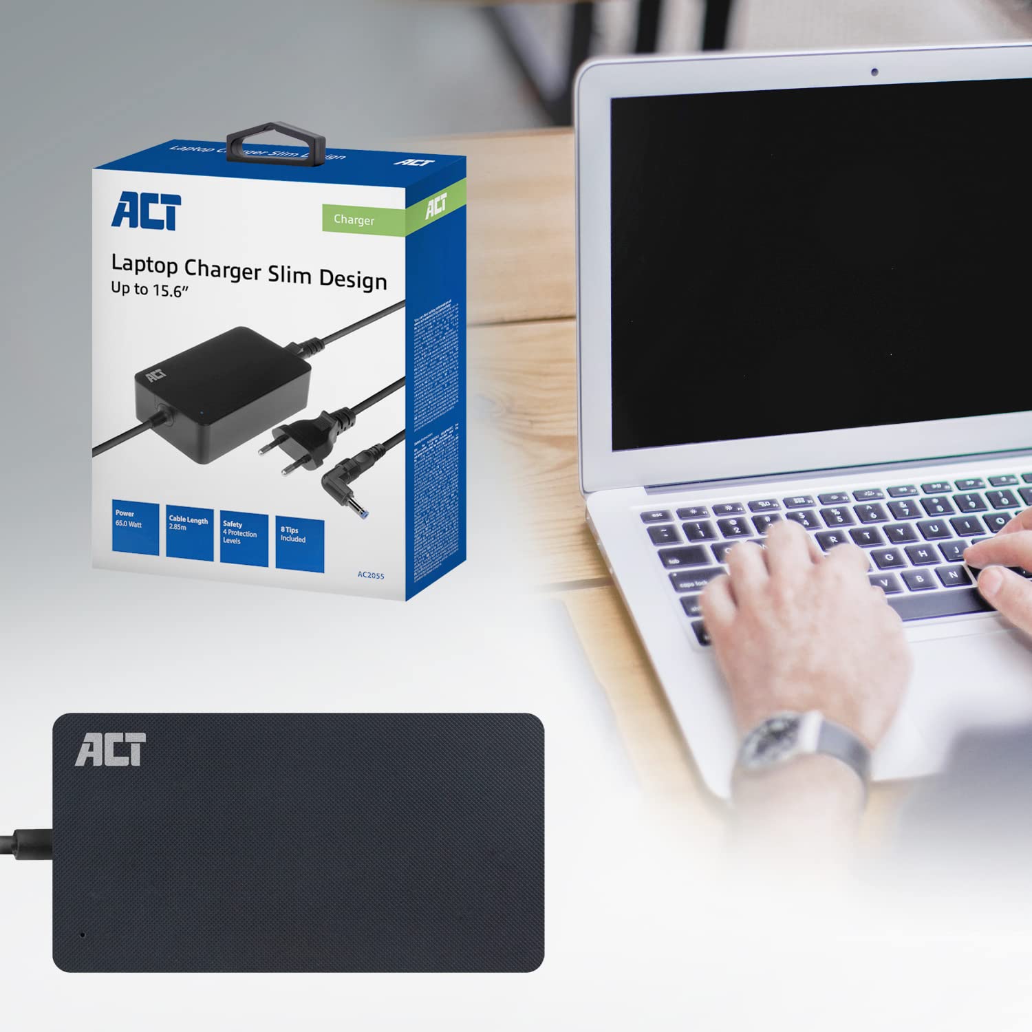 Act Cargador Delgado Universal para Ordenador portátil, 65 W, 8 Unidades (portátiles de hasta 15,6 Pulgadas), Longitud de Cable de 2,85 m – AC2055