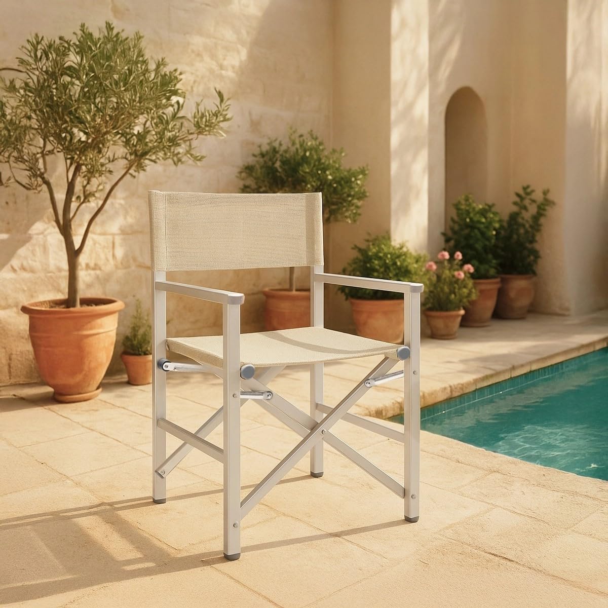 Decor Space Lettino prendisole Jesolo in alluminio e texilene per piscina e giardino con tettuccio (1, Sedia regista Beige)