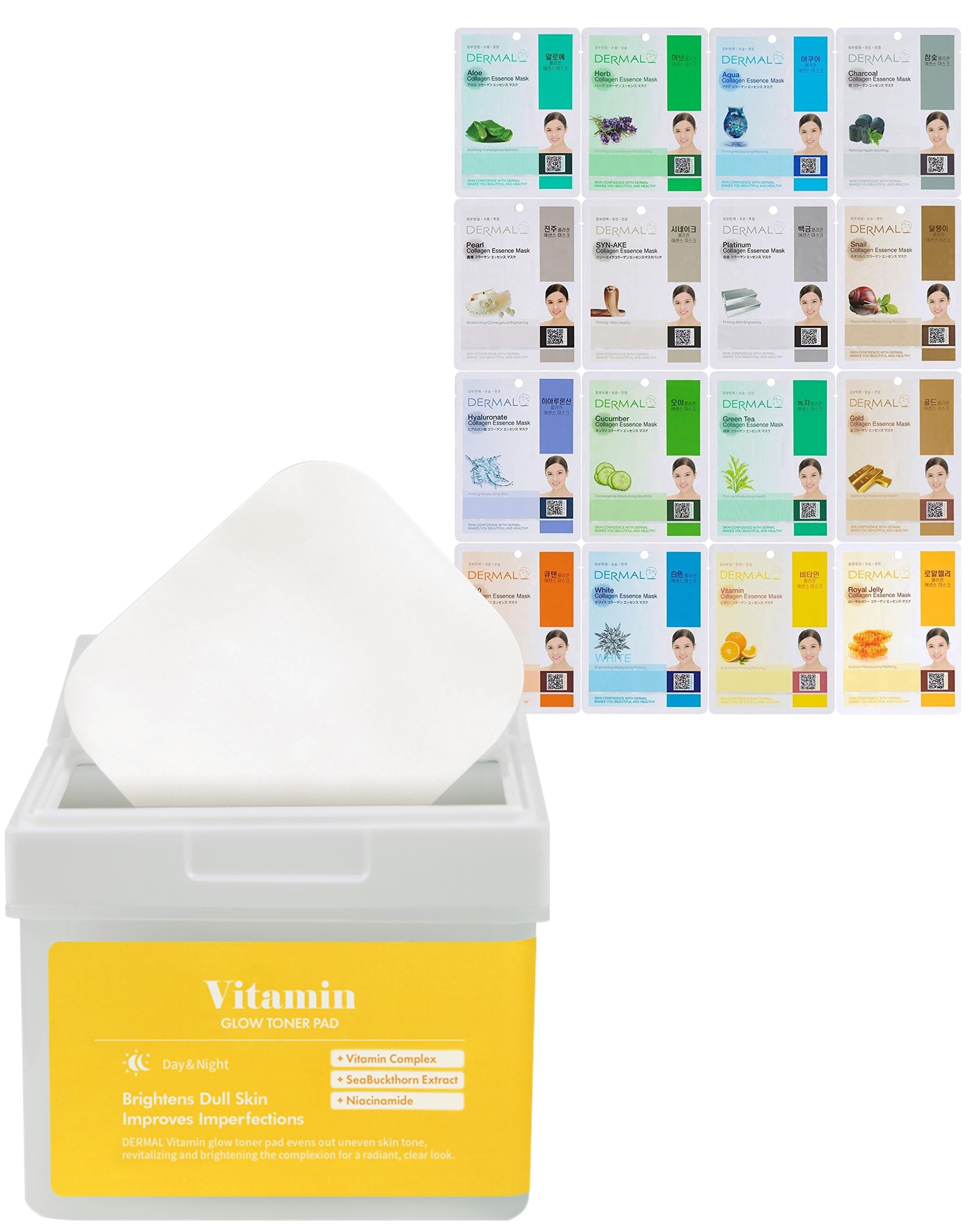 DERMAL16 Combo Pack A Collagen Essence Korean Face Mask & Vitamin Toner Pads Bundle