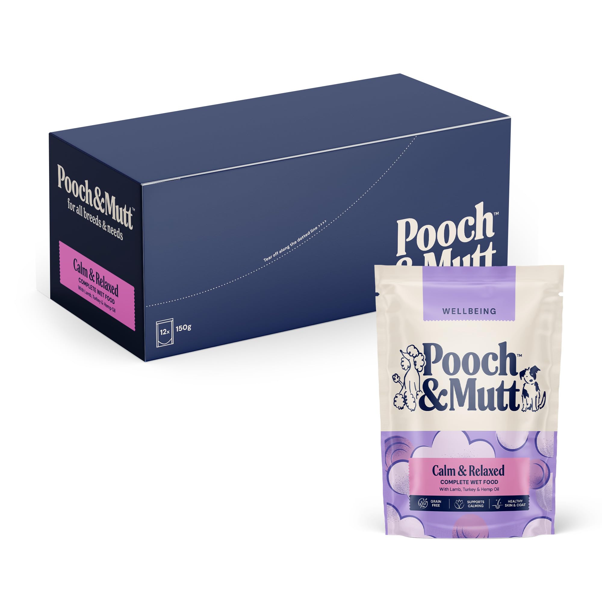 Pooch & Mutt - Calm & Relaxed, Complete Wet Dog Food Grain Free, Dry Dog Food Topper for Calming Hyperactive or Anxious Dogs, Lamb and Beef, Pack of 12 x 150g (packaging may vary)