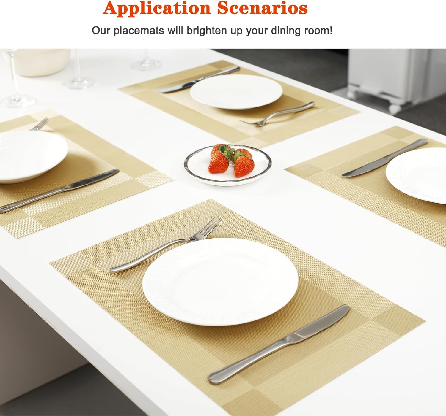 Placemats Set of 12,Washable,Heat and Stain Resistant Indoor/Outdoor Place mats,Vinyl Woven Non Slip Table Mats for Restaurant Table Protection,PVC Placemats(Gold 12PCS) Gold-a 12PCS 12"Wx18"L