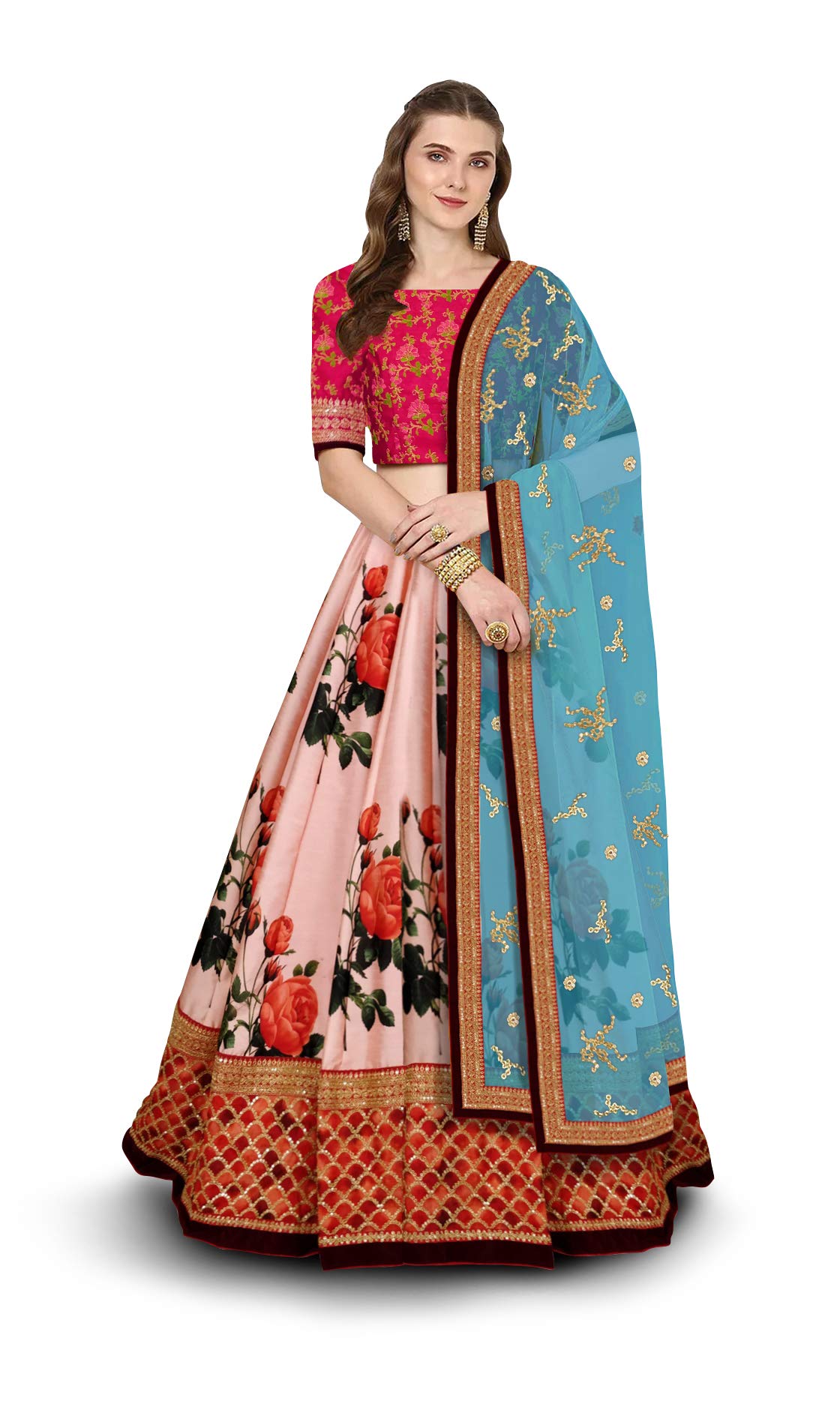 Zeel ClothingWomen's Silk Semi stitched Lehenga Choli (7035-Wedding-Bridal-Latest-Lehenga-Choli_Peach_Free Size)