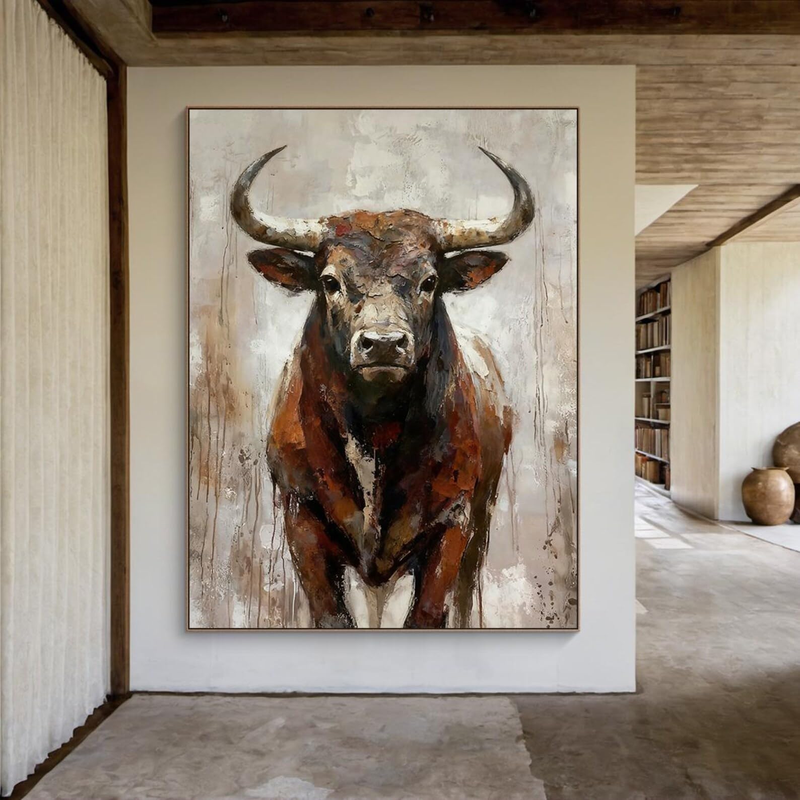 CAOXTART Cuadro de toro grande | Arte rústico de pared con animales | Pósteres y láminas texturizadas hechas a mano para decoración moderna de sala de estar (70 x 100 cm/marco interior)