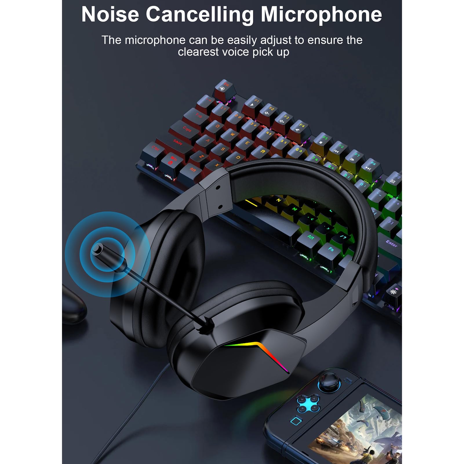 XUMIUZIY Cuffie da Gioco Cablate per PC, Cuffie Auricolari con Cancellazione del Rumore con Microfono, Luce LED, Audio Surround 7.1, Cuscinetti Auricolari in Memory Foam, Driver da 40 (USB)