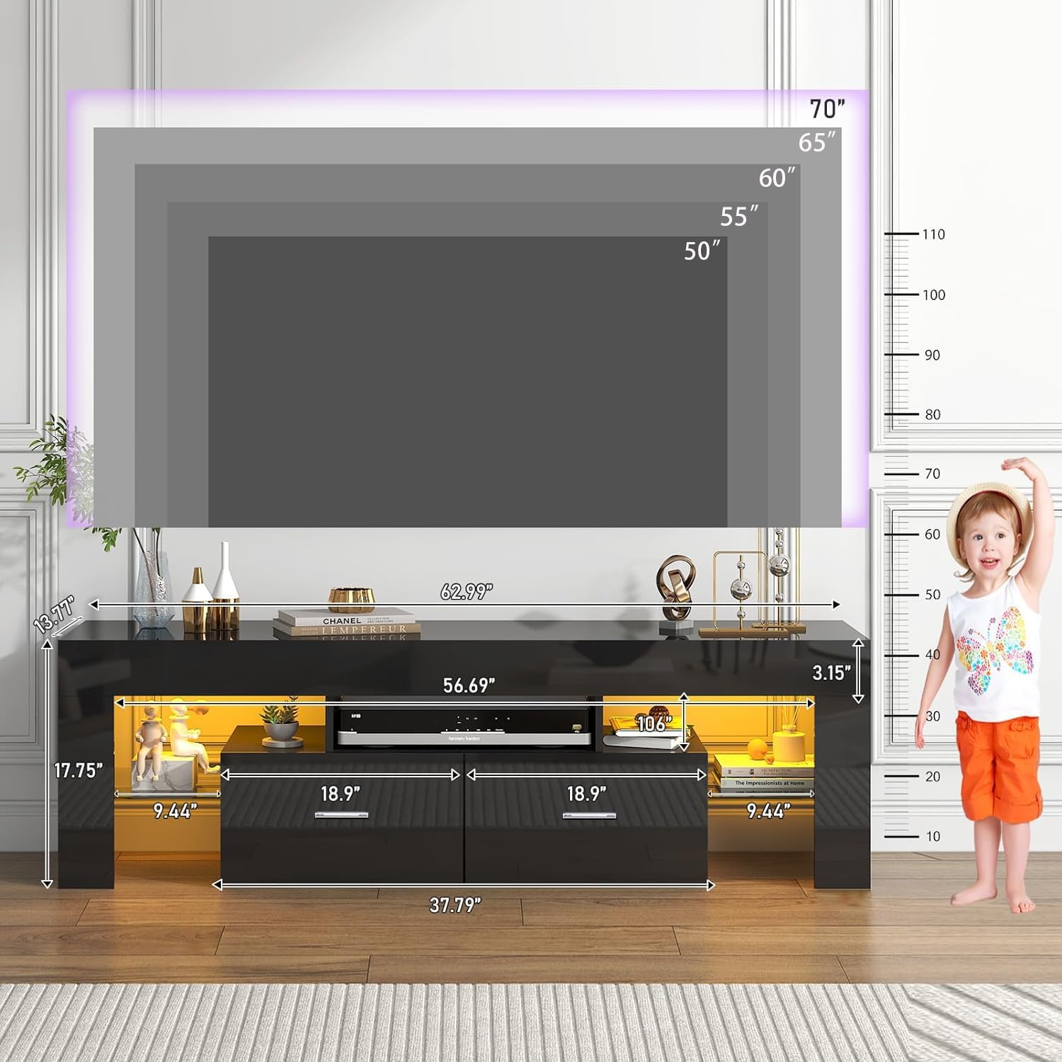 Black 63 Inch Floating TV Stand with Two Drawers & 16-Color LED Lights, Large Modern Entertainment Center for TVs Up to 75 Inches, Wooden Media Console with Open Shelf