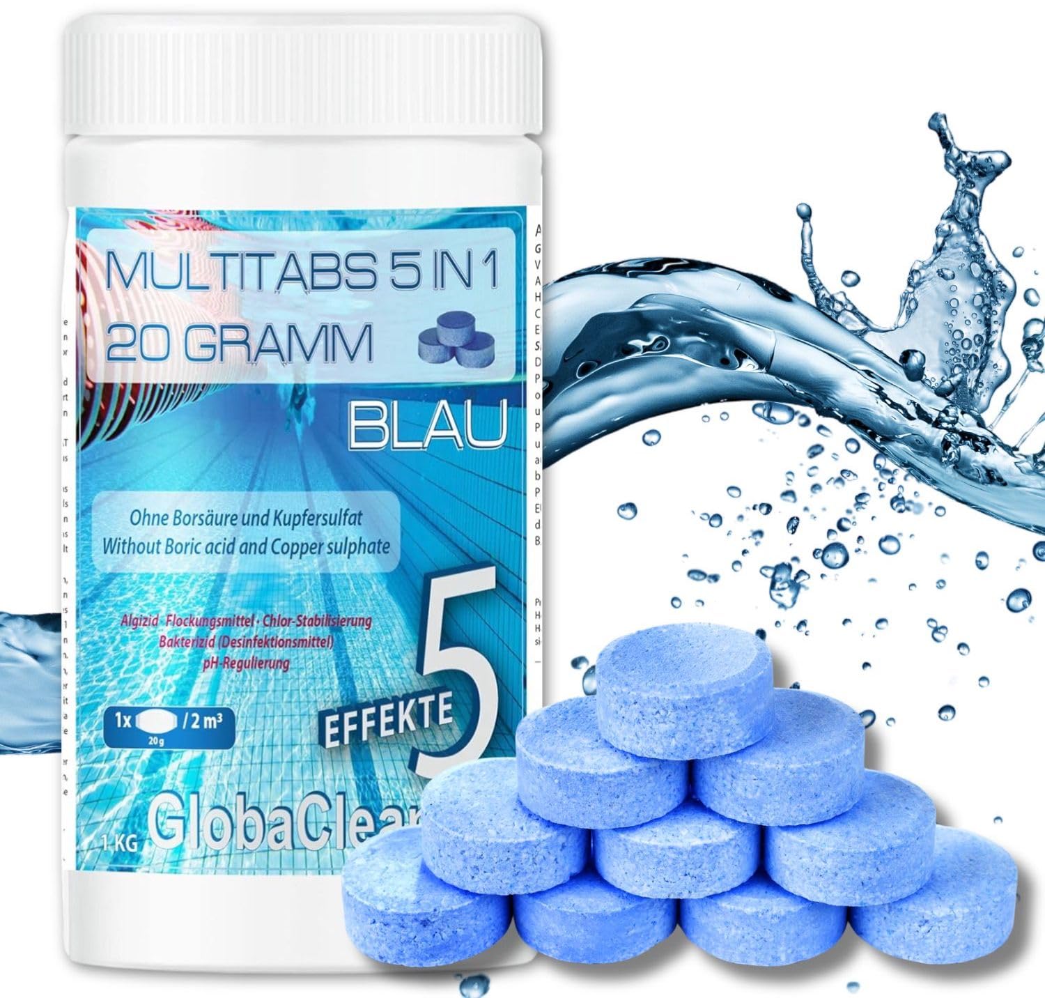 Multitabs für Pool 5 in 1-20g (1kg) - Blue Edition - Premium Chlortabletten für kristallklares Poolwasser - Langzeit Chlor Tabs zur Algenbekämpfung & optischen Wasserveredelung