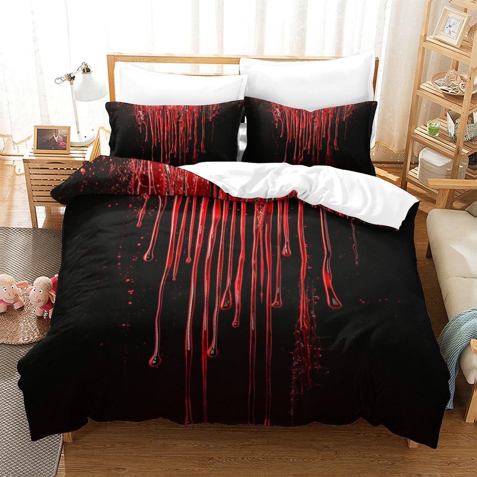P1S9U7W5Y 3D Printed Blood Drip 3pcs Duvet Cover Set Microfiber Black Graffiti Bedding Set King（220x240cm）