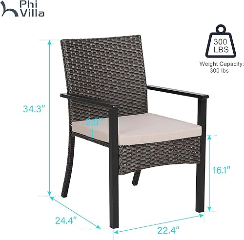 Miniatura 8 de PHI VILLA Juego de 2 sillas de mimbre para exteriores, sillones de metal cubiertos de ratán con cojín extraíble, juego de muebles resistentes para