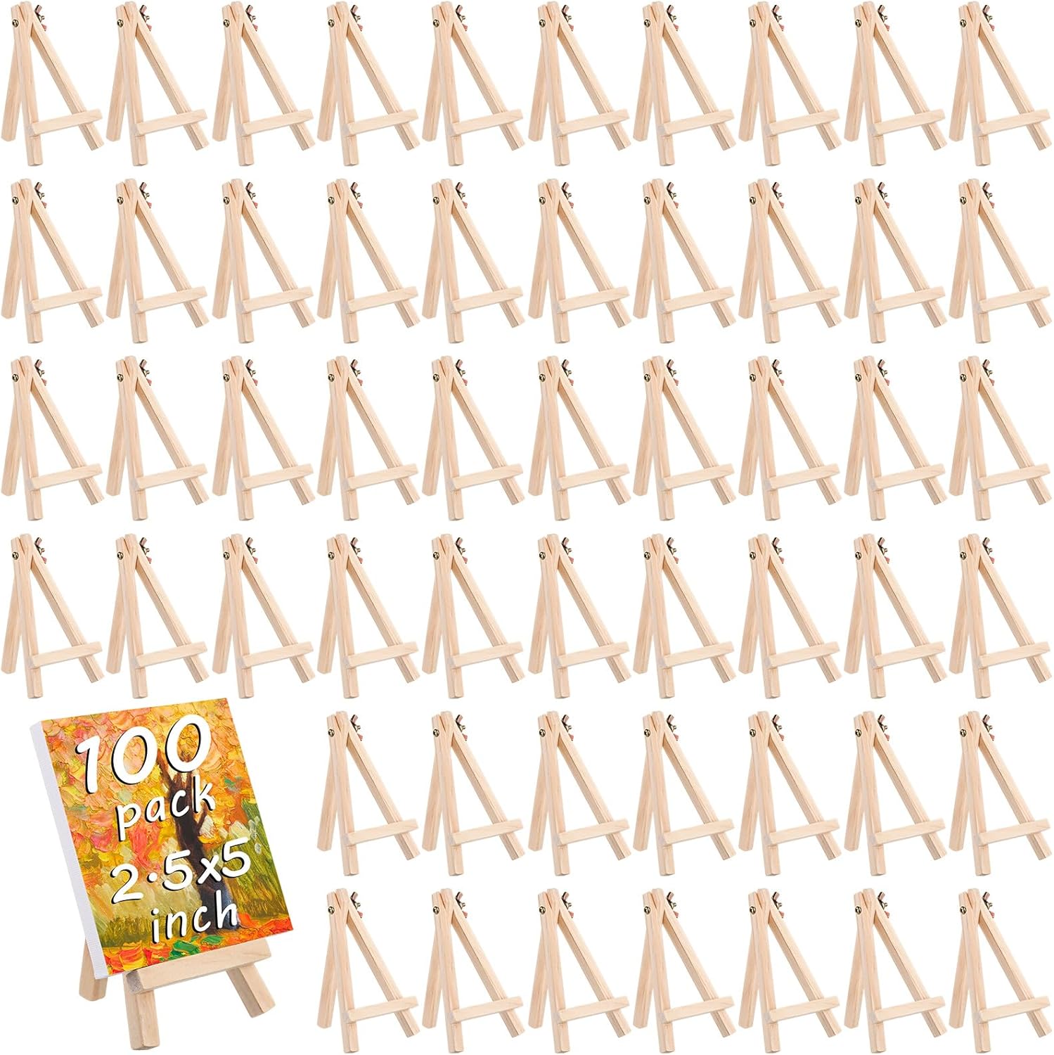 Mimorou 100 Pcs 5 Inch Mini Wood Easel Stand Small Tabletop Easel Natural Wooden Tripod Holder for Display Crafts Canvases Painting Signs Photos Gift