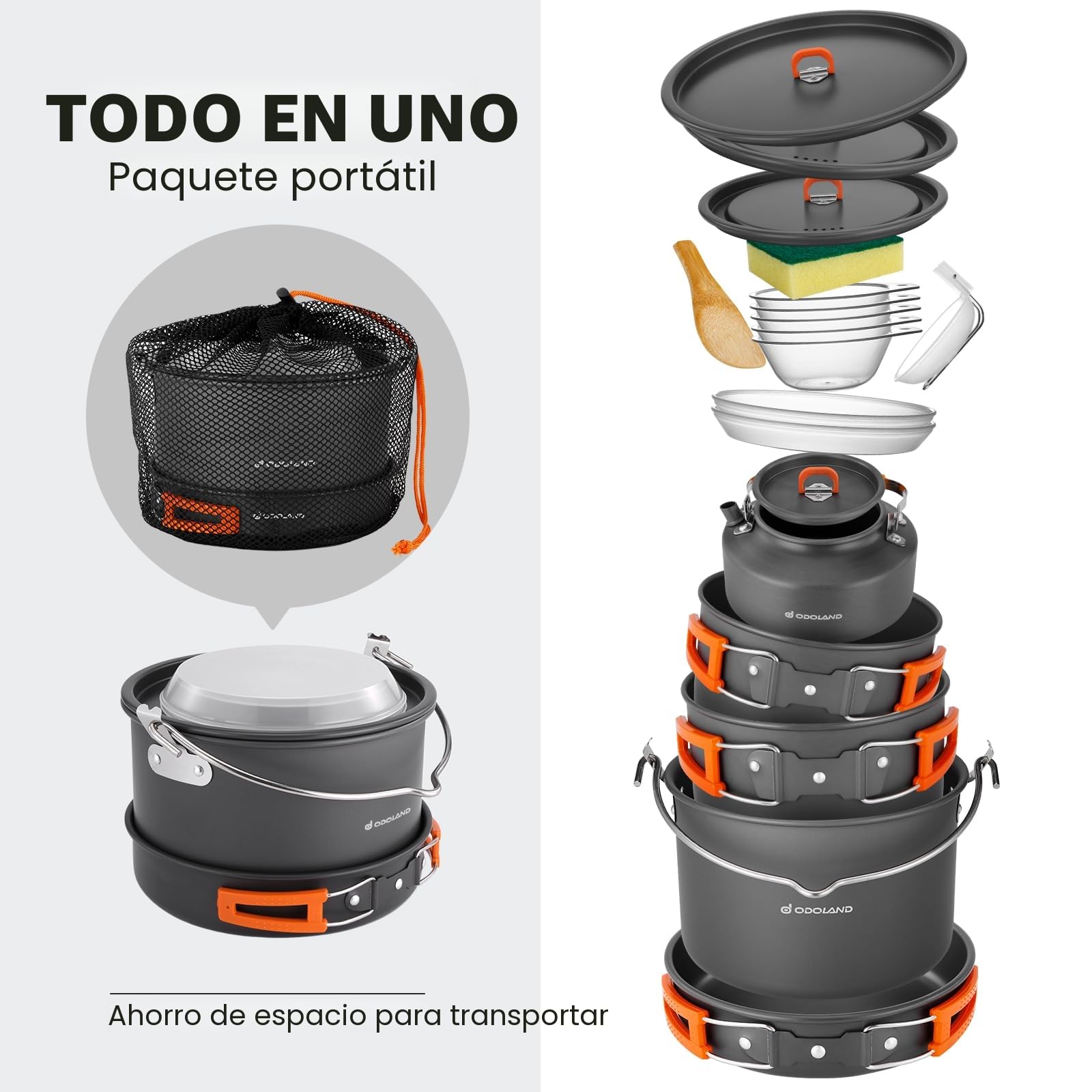Odoland Kit de Utensilios Cocina Camping de 18 piezas para 1-5 Personas, Kit de Camping con 3 Ollas, 1 Sartén y 1 Hervidor, para Camping Senderismo Viajes Cocina al Aire Libre y Picnics