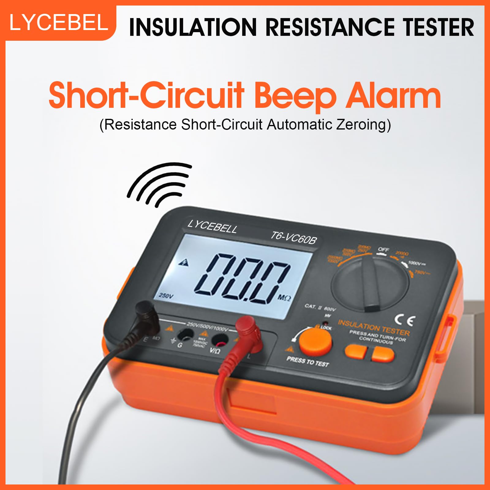Testeur de Résistance D'isolement Numérique LC-VC60B 0,1~2000 MΩ Mégohmmètre, DC 250V/500V/1000V AC 750V avec d'alerte haute tension, écran LCD Rétroéclairé et Fils de Test et Clips de Test