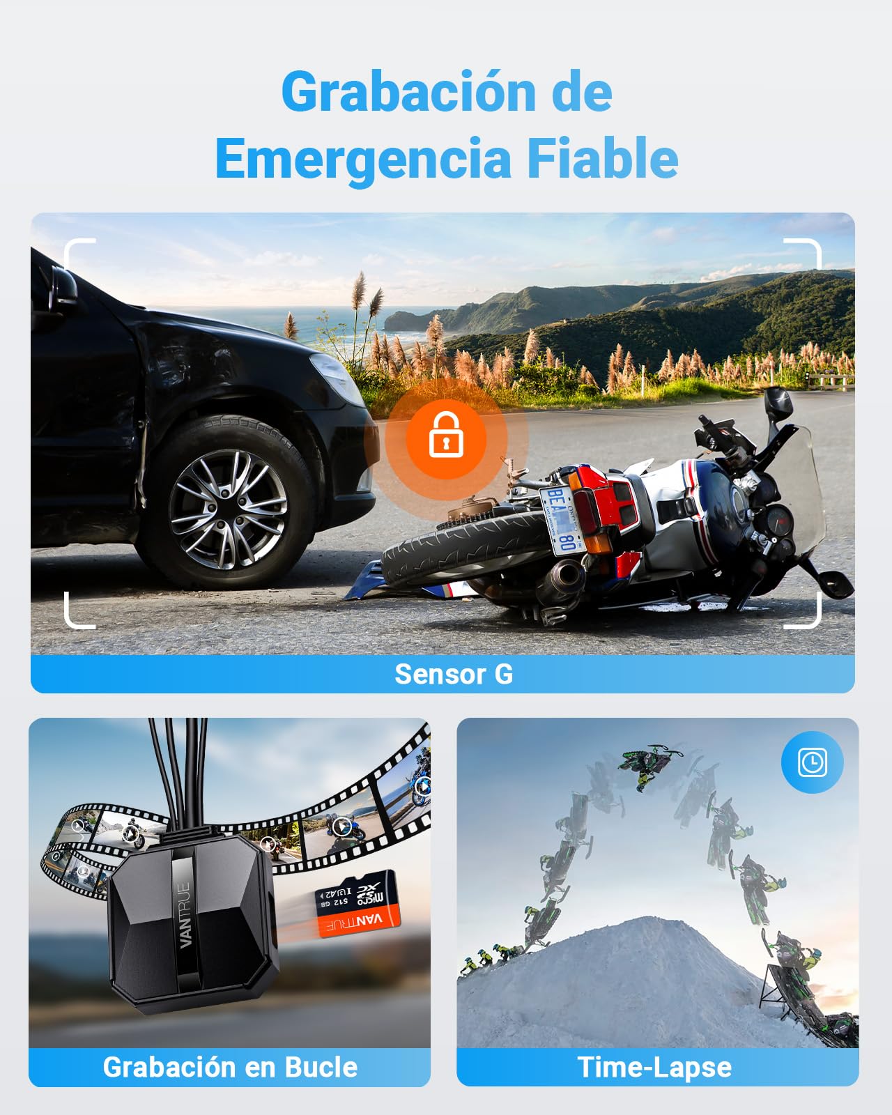 VANTRUE F1 4K + 1080P Dashcam Cámara de Motocicleta, 5GHz WiFi GPS Dash CAM Delantera y Trasera, IP67, 24 h. Detección de colisión, kilometraje, WDR y HDR y aplicación, Máximo 512G