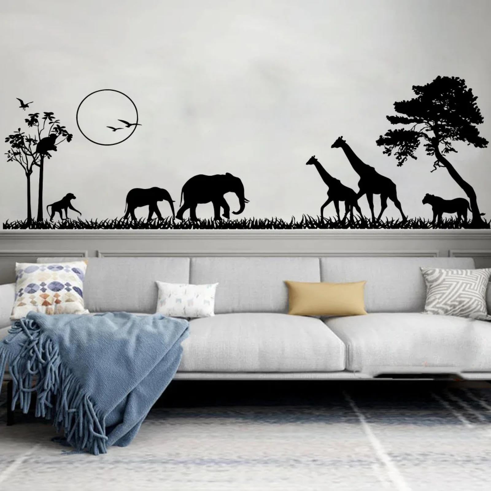 Youousi Black African Zoo Animal Woodland Animal Wall Stickers, Zoo Giraffe Tree Landscape Wall Stickers, Headboard, Bedroom, Playroom