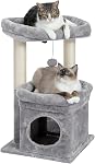 PAWZ Road Cat Tree, Small Cat Tower with Sisal-Covered Scratching Posts, Cozy Cat Condo, Soft Cat Perch and Plush Pompom for Indoor Cats, Beige
