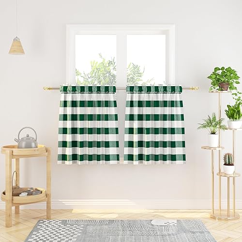 Miniatura 70 de Cortina ajustable con cenefa para ventana de cocina Buffalo Check, a cuadros, gingham, estilo granja, con bolsillo para barra, para baño, 42 x 45