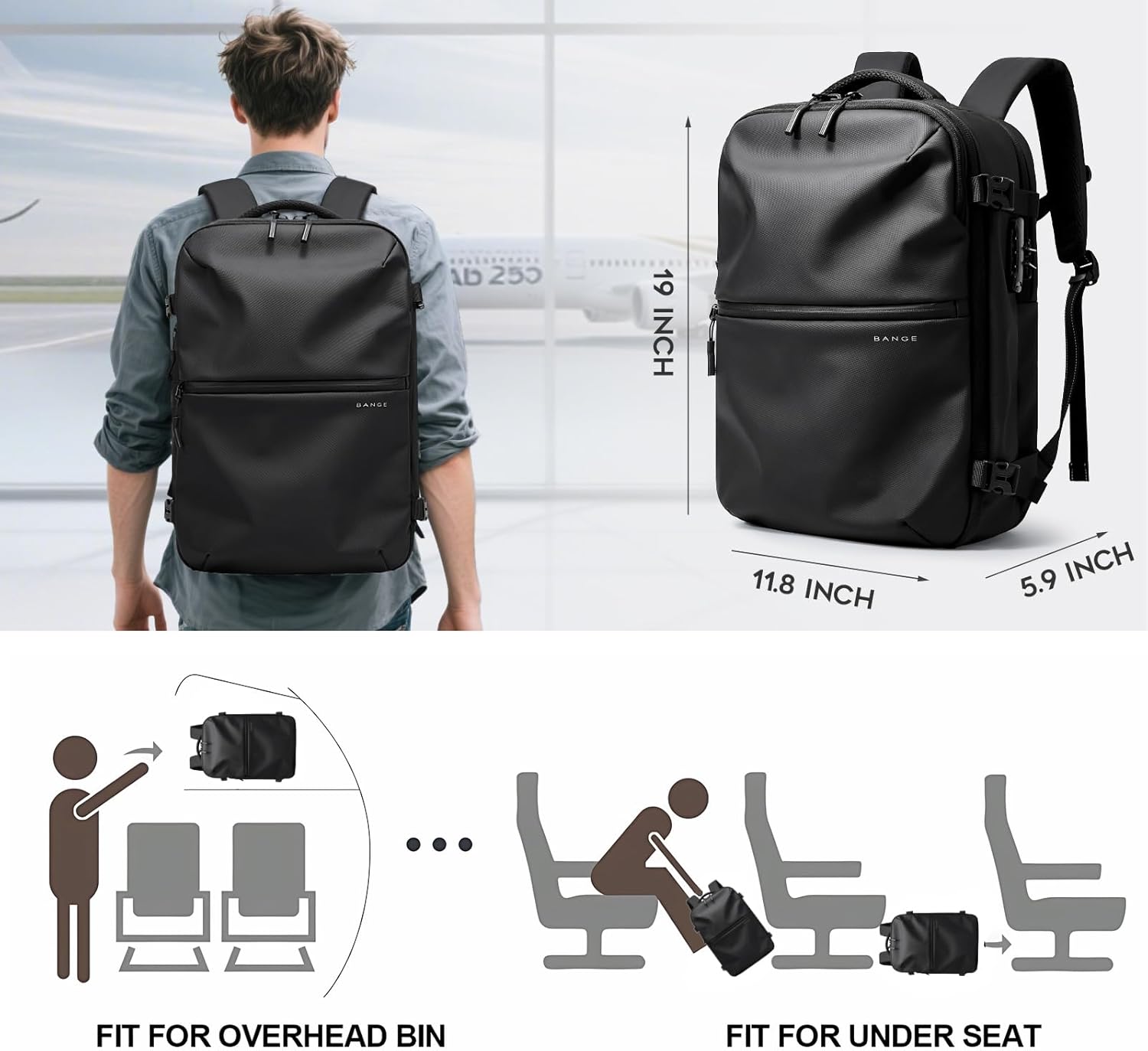 BANGE Travel Backpack with Vacuum Pocket and TSA lock version can hold 15.6 inch Laptop suitable Overnight Flight Approved Anti-theft Bag