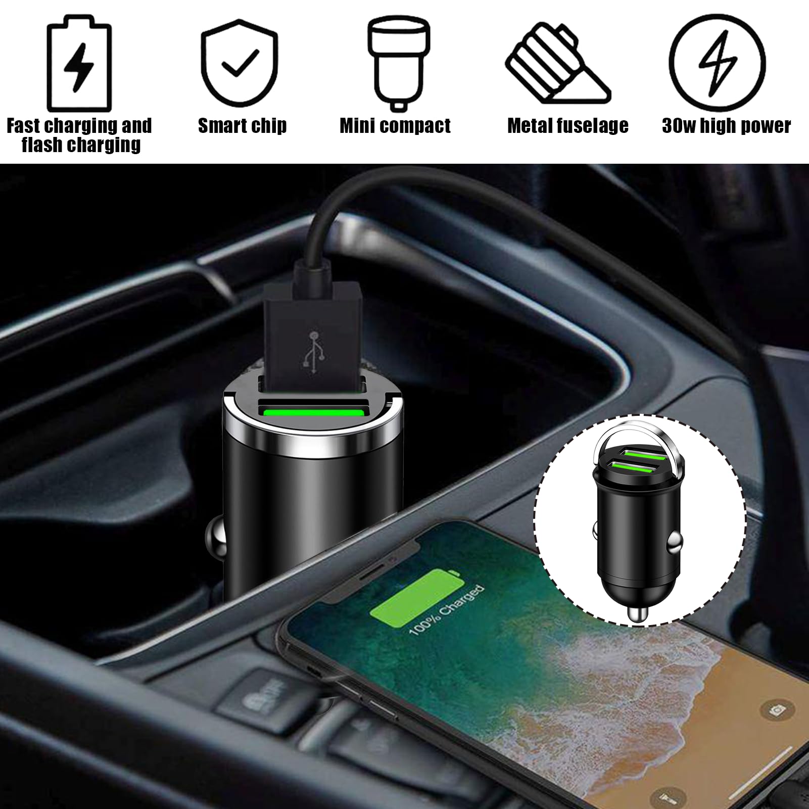 Adattatore Accendisigari USB 100W, Caricatore Auto con Doppia Porta QC3.0, per iPhone, Samsung, Xiaomi, Android (Leghe di Alluminio, 42x23mm)