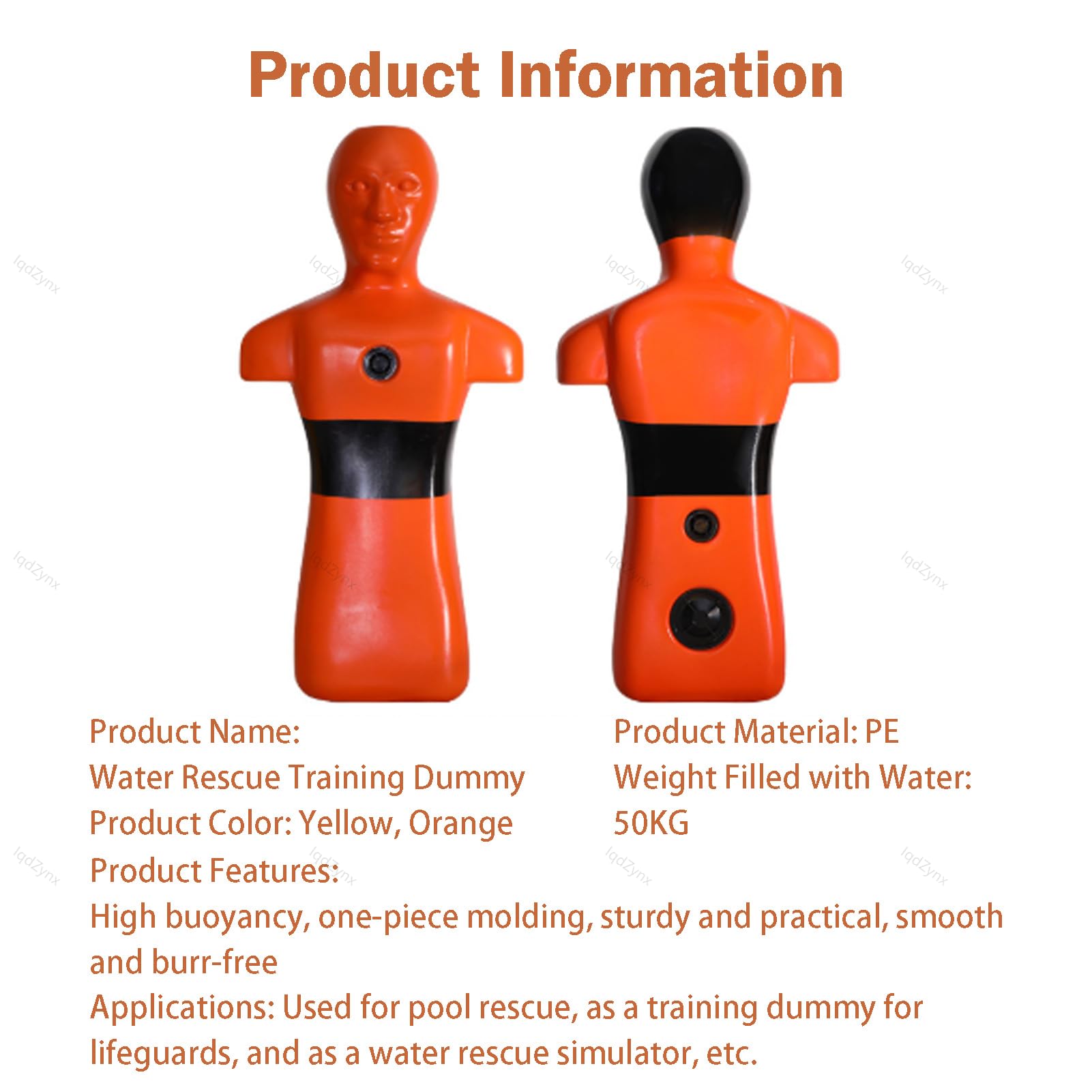 Maniquí Profesional de Rescate acuático 50 kg, Utilizado como Equipo de Entrenamiento para cursos de socorrista y Rescate acuático Orange