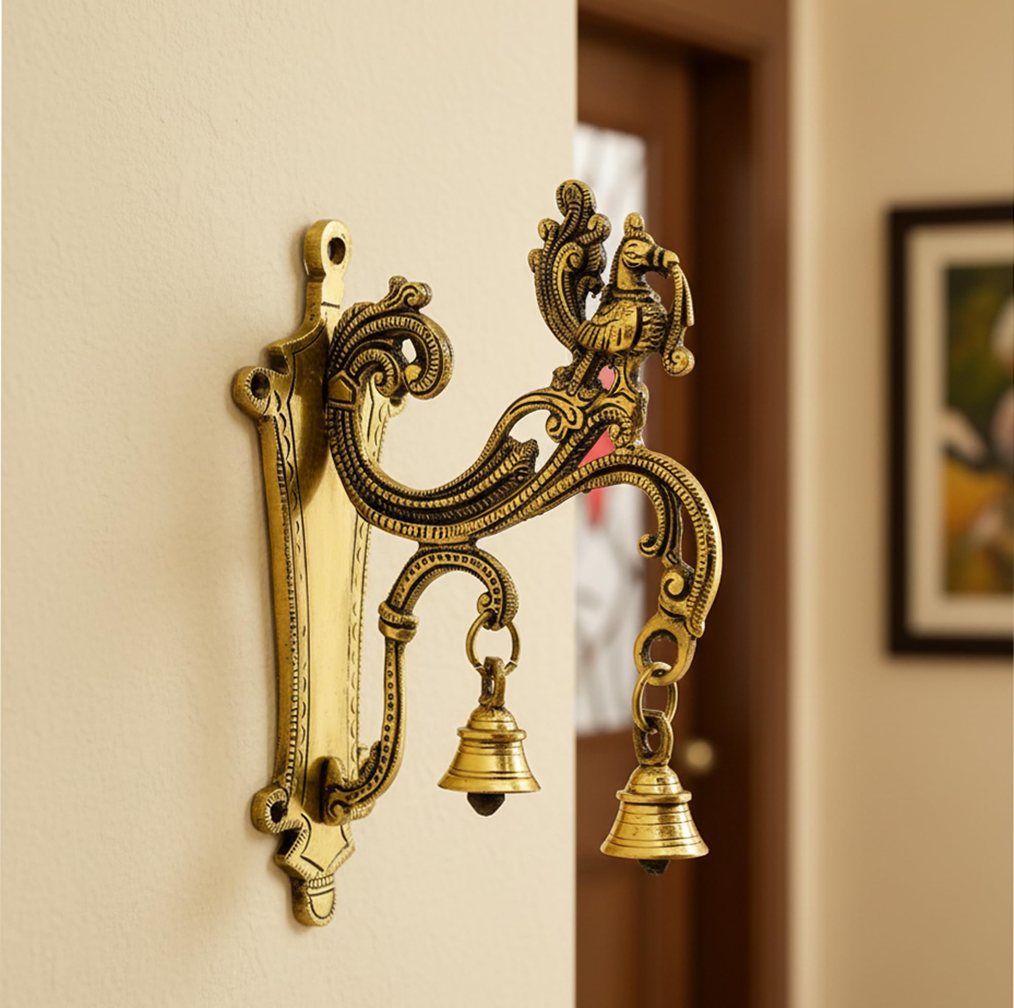 Brass Peacock Wall Bracket – Traditional Handcrafted Wall Hanger for Diya Lamp, Bell, Home Décor (8.5" Inches)