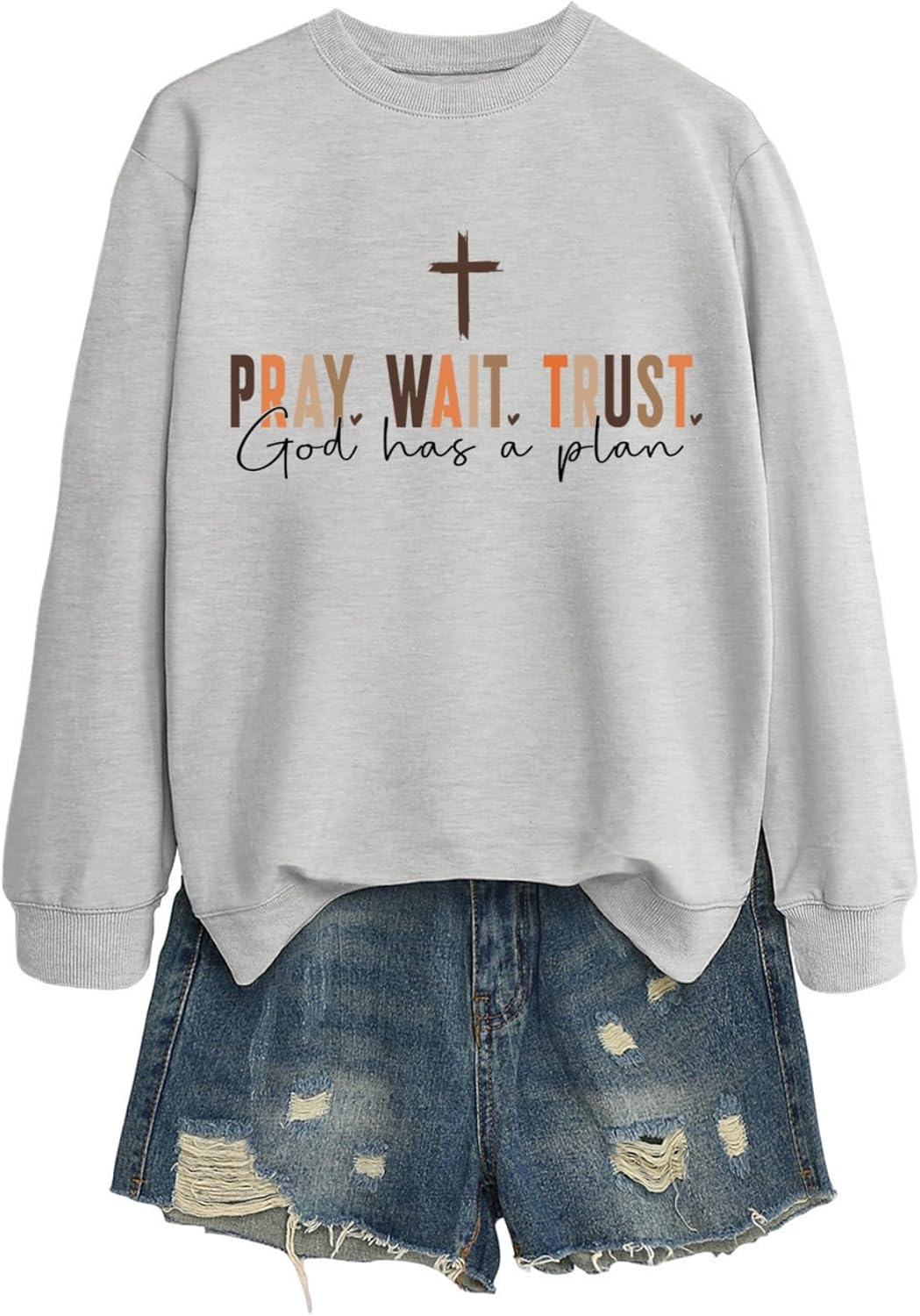 Pray Wait Trust God Has A Plan Christian Sweatshirt Women Cross Graphic Crewneck Pullover Long Sleeve Religious Tops - Image 4