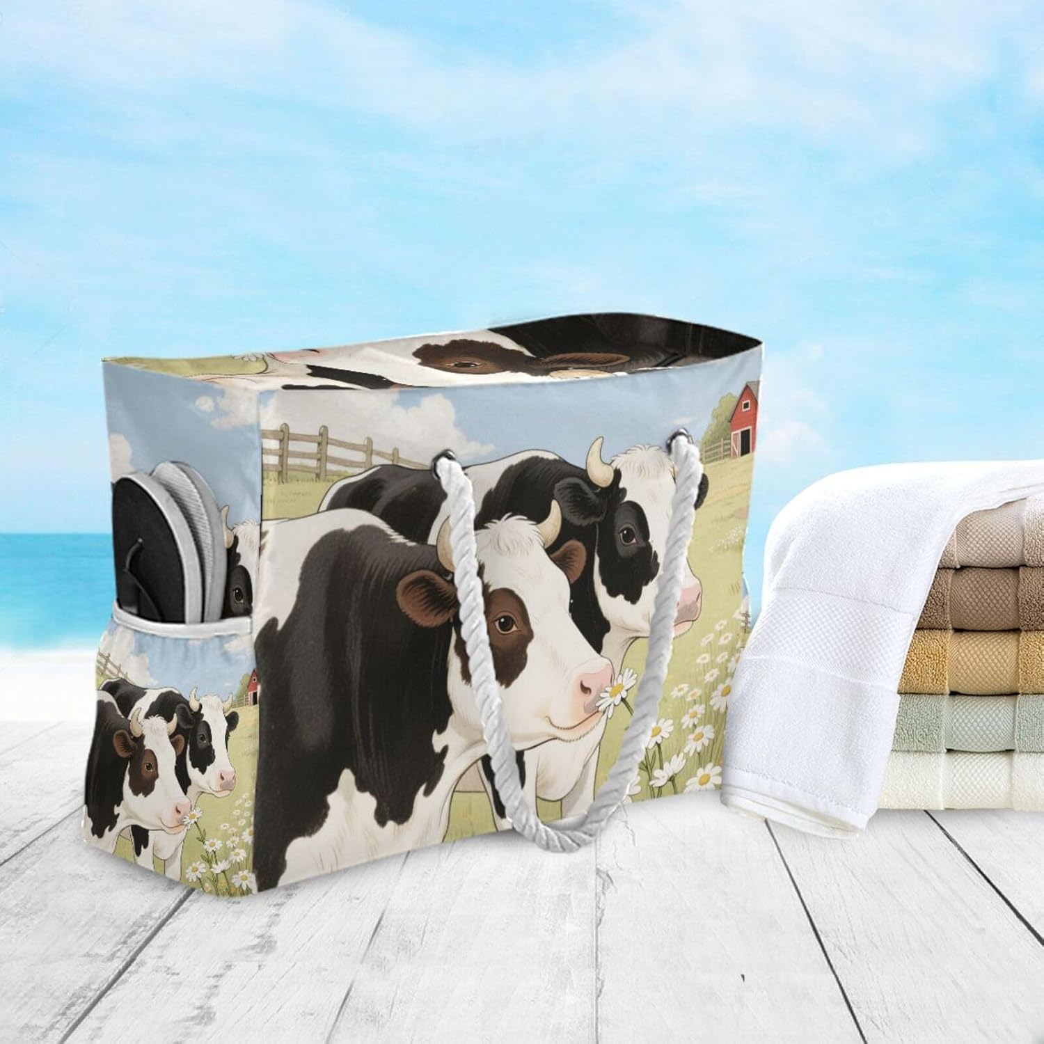 OTVEE Cows and Chamomiles Pattern Beach Bags for Women Ladies Large Canvas Tote Shoulder Bag Waterproof Travel Bags for Gym Swim Pool Camping