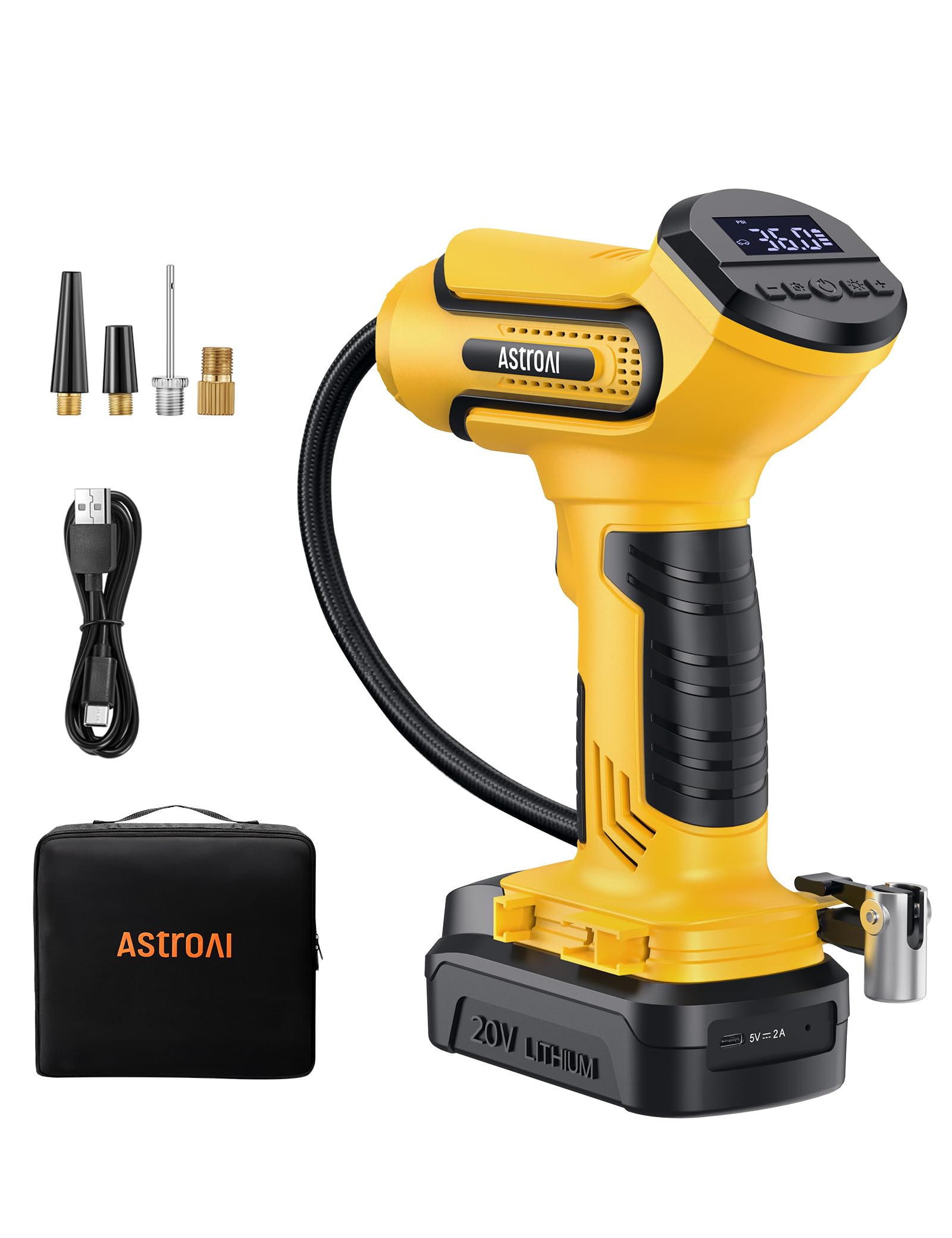 AstroAI Tire Inflator Air Compressor Cordless Car Tire Pump with 20V Rechargeable Li-ion Battery 150 PSI Portable Handheld Air Pump for Cars Motorcycles LS40791（C1） Yellow