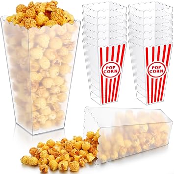 Reallnaive 12 Pack Plastic Popcorn Containers 7.48 x 3.94 Inch Clear Reusable Open-top Scalloped Popcorn Boxes Bucket DIY Snack Bowl for DIY Home Movie Night Wedding, Birthday Carnival Party Supplies